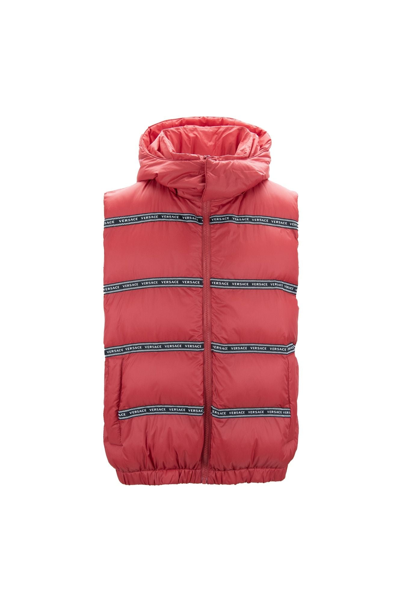 Gilet rouge élégant à logo Versace et capuche amovible
