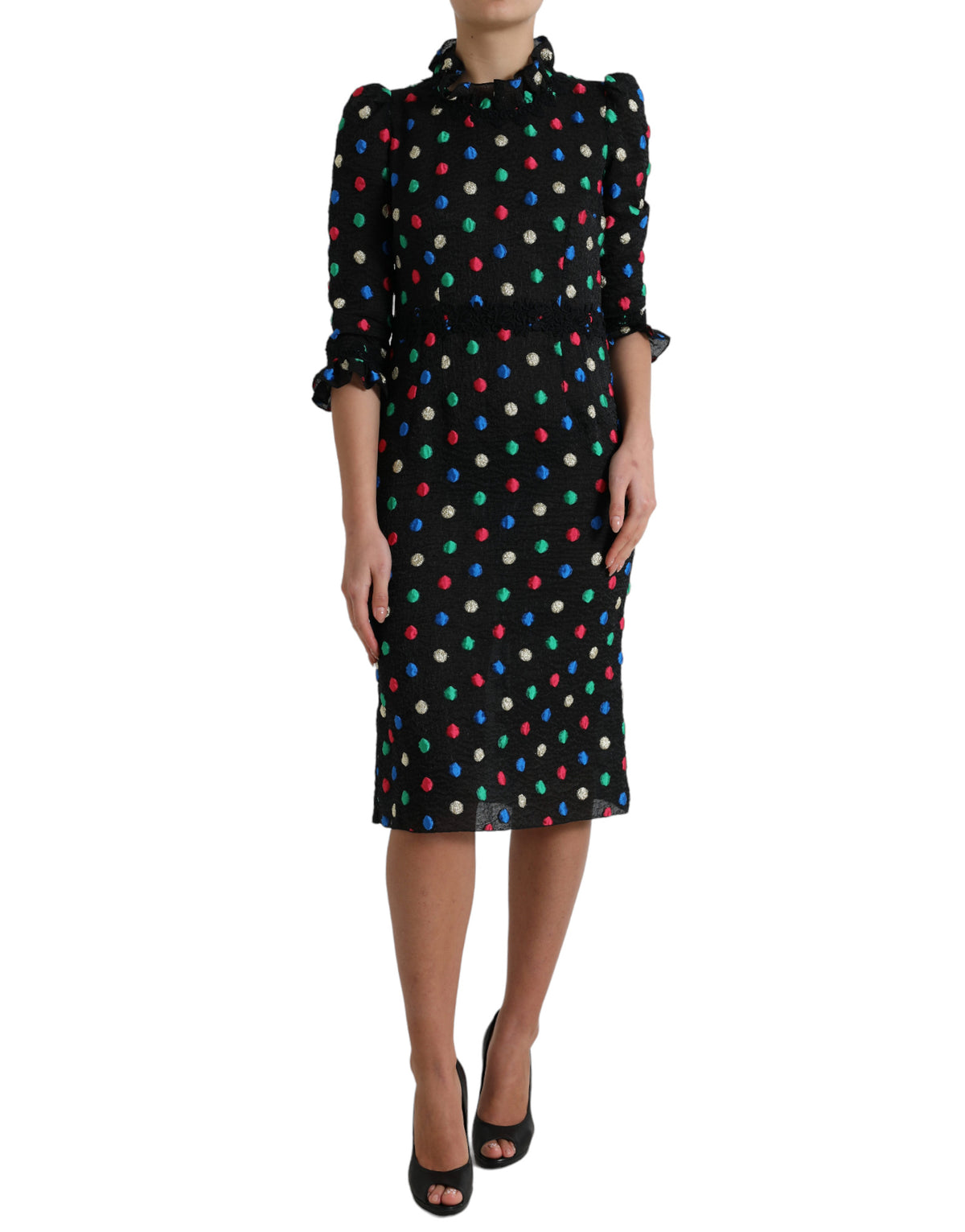 Dolce &amp; Gabbana Schwarzes Baumwoll-Midikleid mit Polka-Dots und Rüschen