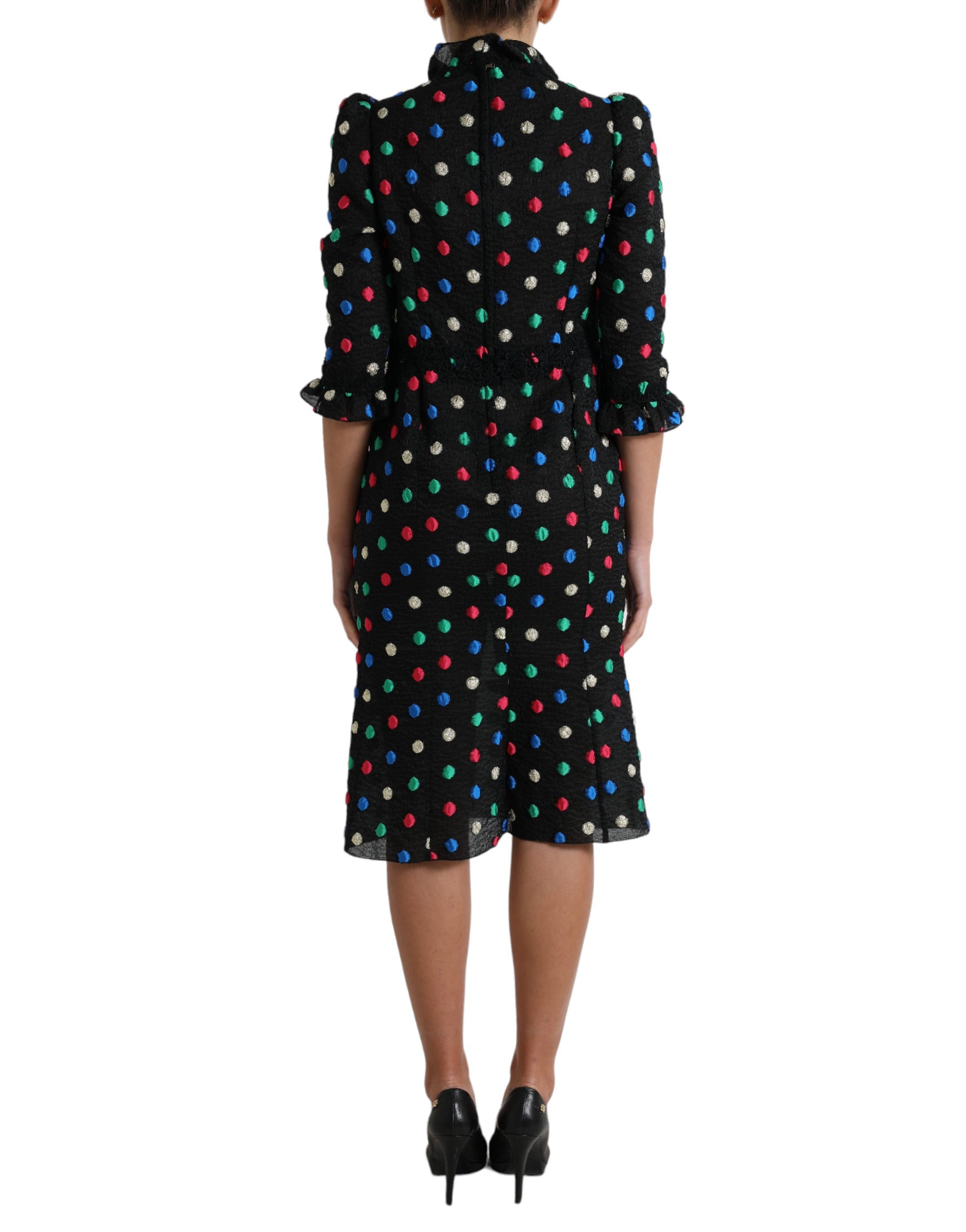 Dolce &amp; Gabbana Schwarzes Baumwoll-Midikleid mit Polka-Dots und Rüschen