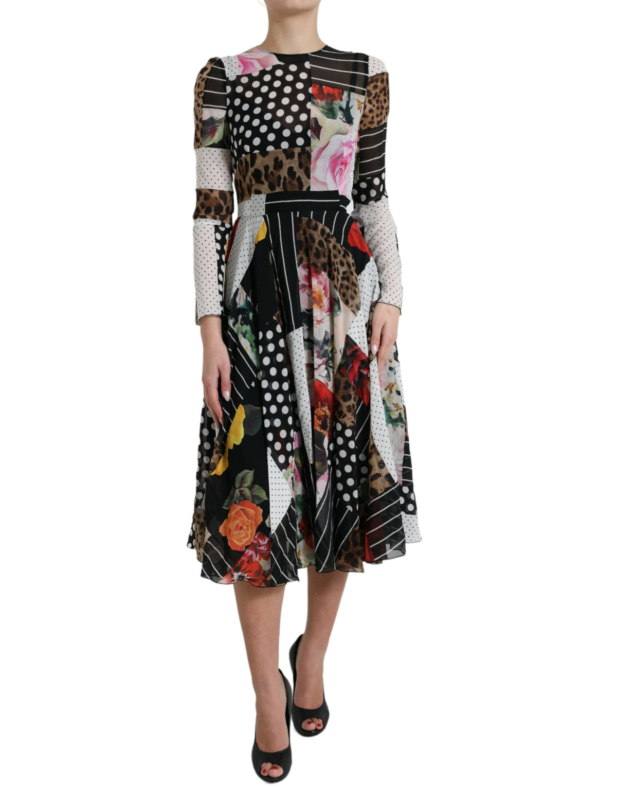 Dolce &amp; Gabbana Kleid mit mehrfarbigem Patchwork-Blumenmuster und Leopardenmuster