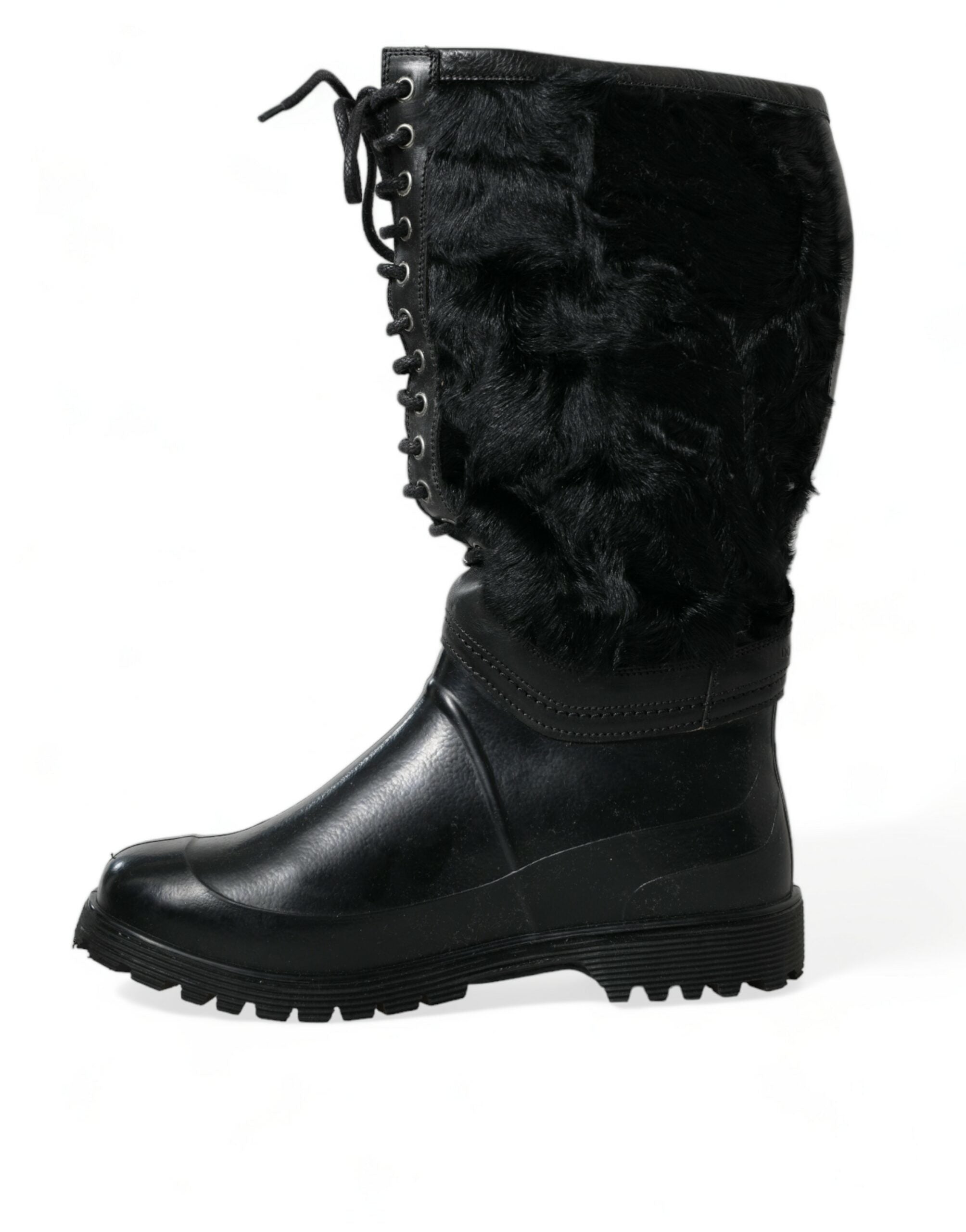 Dolce &amp; Gabbana Schwarze Gummistiefel mit Schnürung und Lammfellfutter