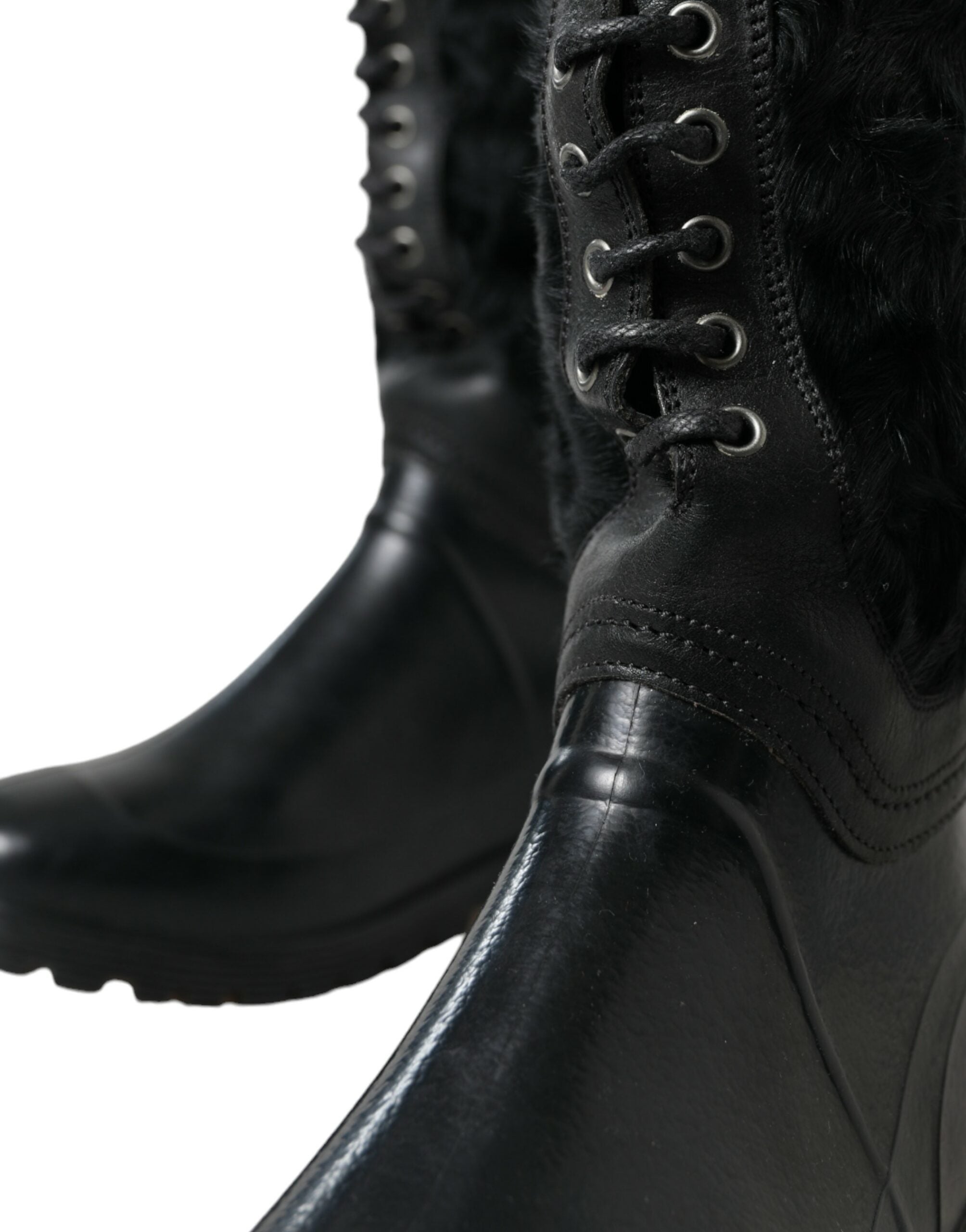 Dolce &amp; Gabbana Schwarze Gummistiefel mit Schnürung und Lammfellfutter