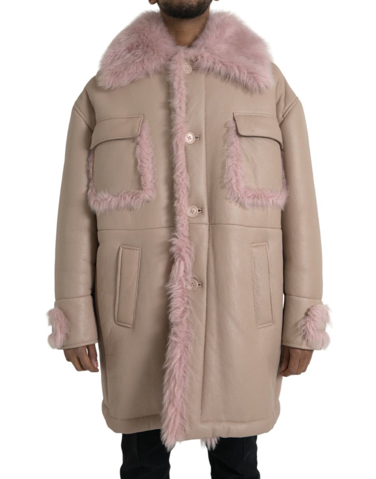 Manteau en cuir d'agneau beige et rose doublé de peau lainée Dolce &amp; Gabbana