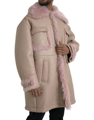 Manteau en cuir d'agneau beige et rose doublé de peau lainée Dolce &amp; Gabbana