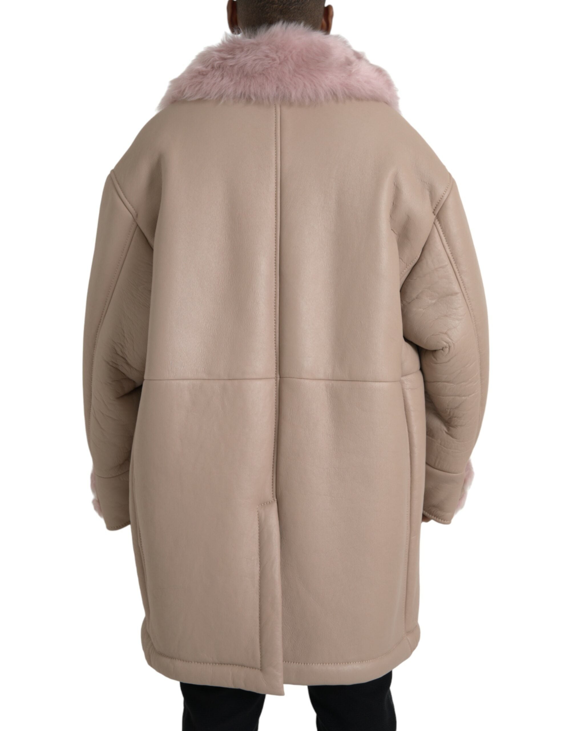 Manteau en cuir d'agneau beige et rose doublé de peau lainée Dolce &amp; Gabbana