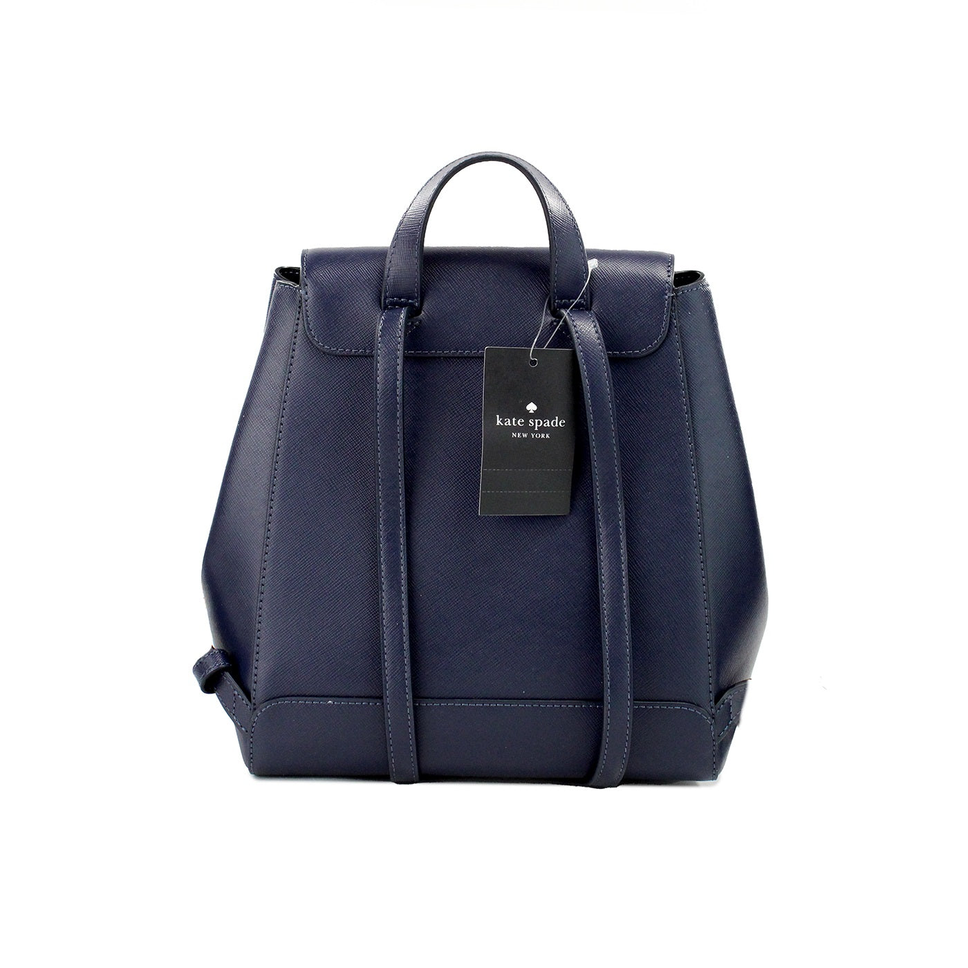 Sac à dos Kate Spade Madison en cuir Saffiano bleu marine, format moyen, à rabat et bandoulière.