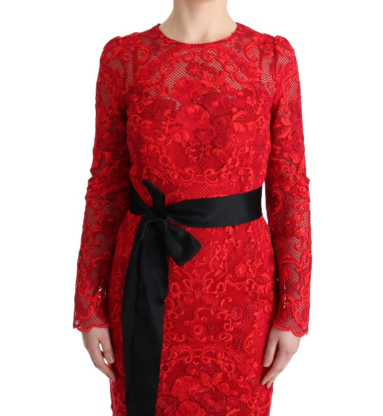 Dolce &amp; Gabbana Rotes Ricamo Etuikleid mit Blumenmuster