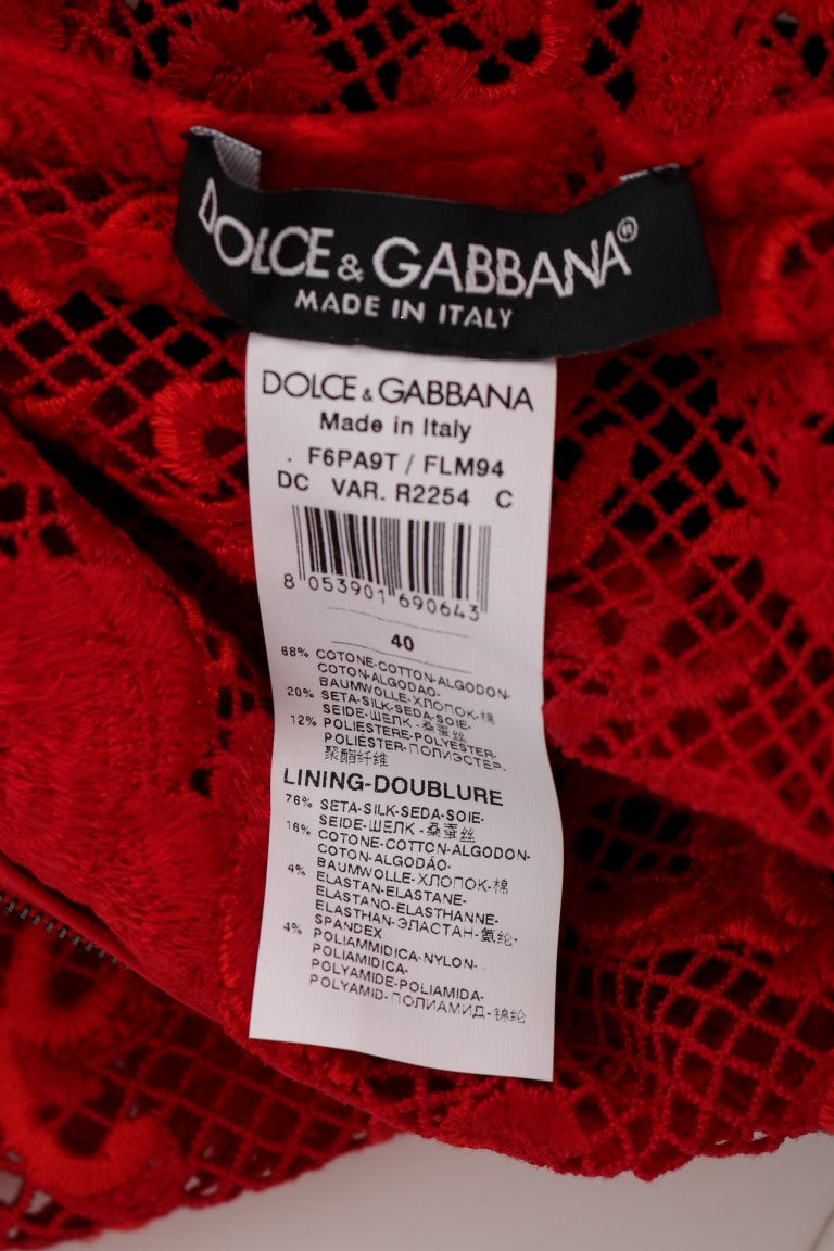 Dolce &amp; Gabbana Rotes Ricamo Etuikleid mit Blumenmuster