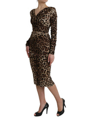 Robe midi moulante à imprimé léopard marron Dolce &amp; Gabbana et col en V