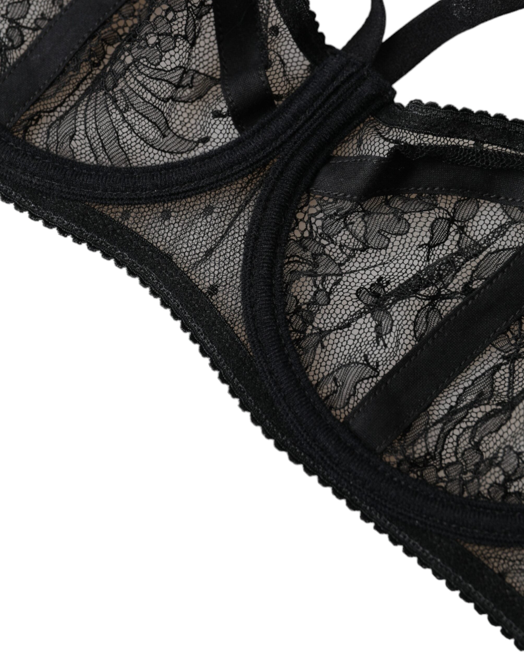 Dolce &amp; Gabbana Balconcino-BH aus schwarzem Nylon mit Blumenmuster und Spitze