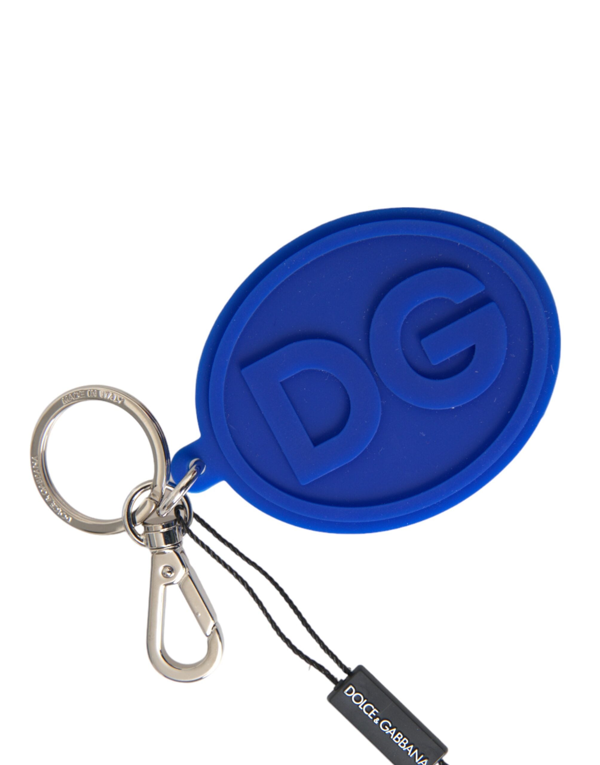 Porte-clés Dolce &amp; Gabbana en caoutchouc bleu avec logo DG et anneau en laiton argenté