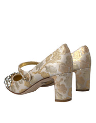 Dolce &amp; Gabbana Gold Jacquard Crystal Mary Janes Pumps Schuhe