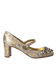 Dolce &amp; Gabbana Gold Jacquard Crystal Mary Janes Pumps Schuhe