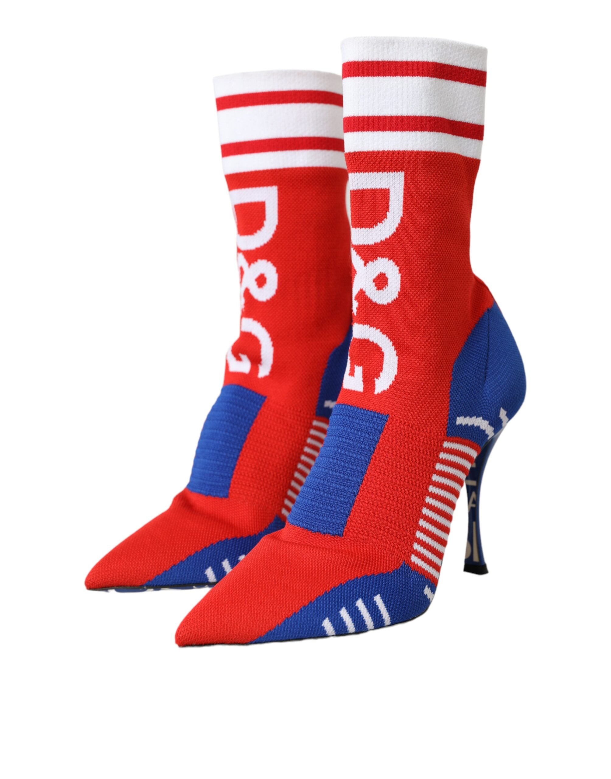 Bottines Dolce &amp; Gabbana rouges et bleues style chaussette stretch, chaussures à logo