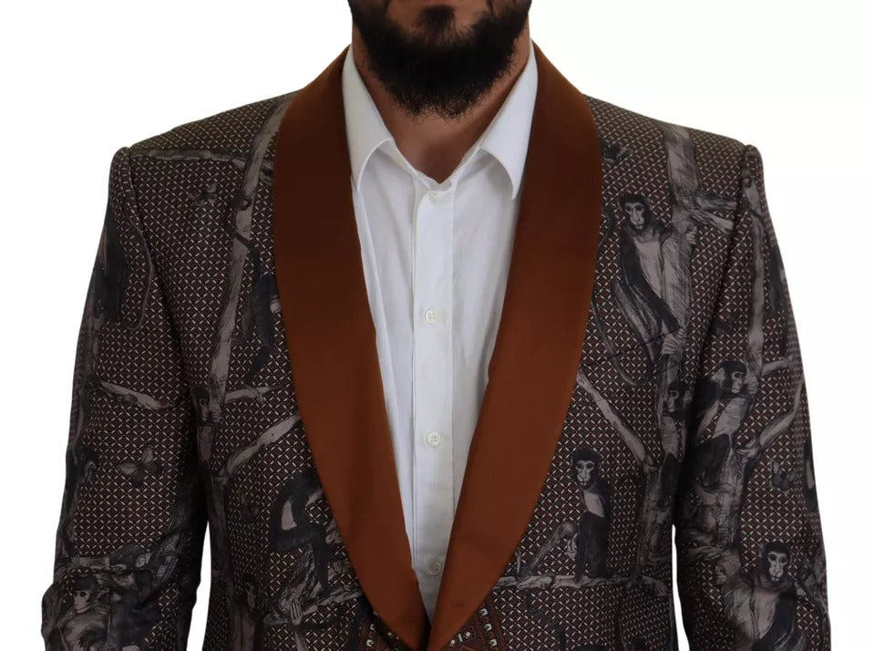 Dolce &amp; Gabbana Seidenblazer mit bronzefarbenem Affenprint, schmal geschnitten