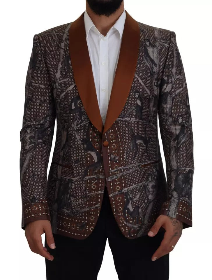 Dolce &amp; Gabbana Seidenblazer mit bronzefarbenem Affenprint, schmal geschnitten
