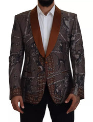 Dolce &amp; Gabbana Seidenblazer mit bronzefarbenem Affenprint, schmal geschnitten
