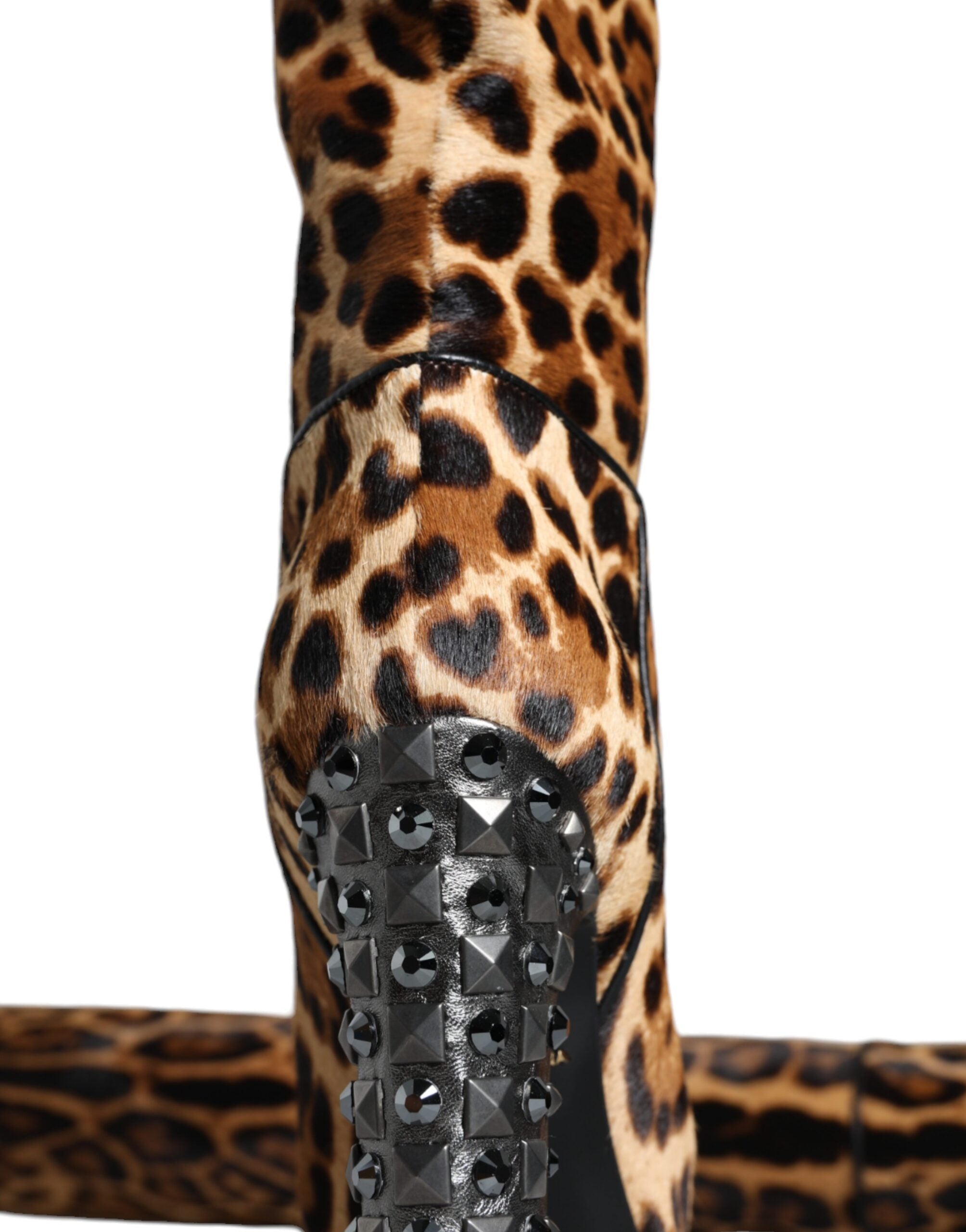 Dolce &amp; Gabbana Beige Schwarze Leoparden-Kniestiefel Schuhe