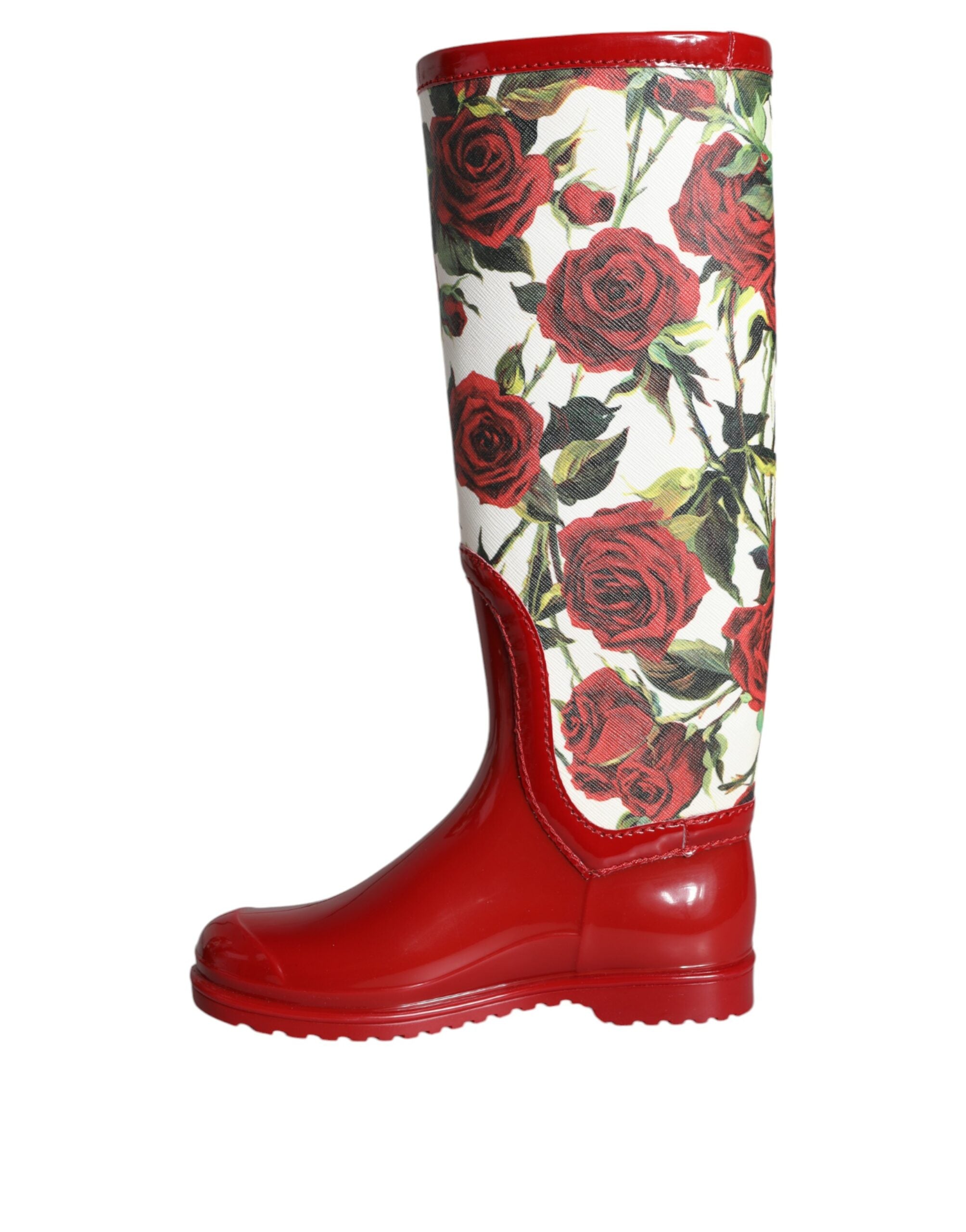 Dolce &amp; Gabbana rote, geblümte, kniehohe, flache Gummistiefel