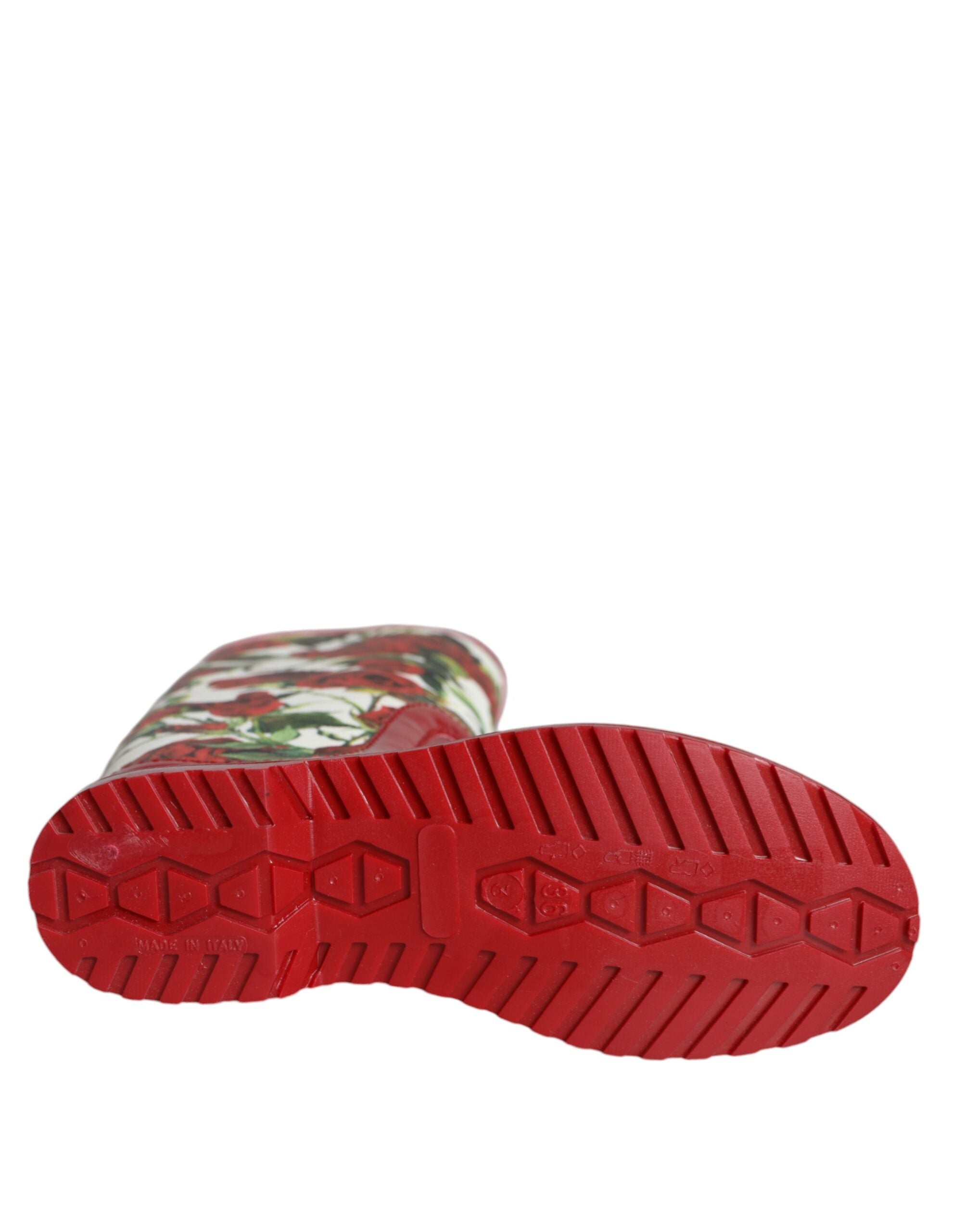 Dolce &amp; Gabbana rote, geblümte, kniehohe, flache Gummistiefel
