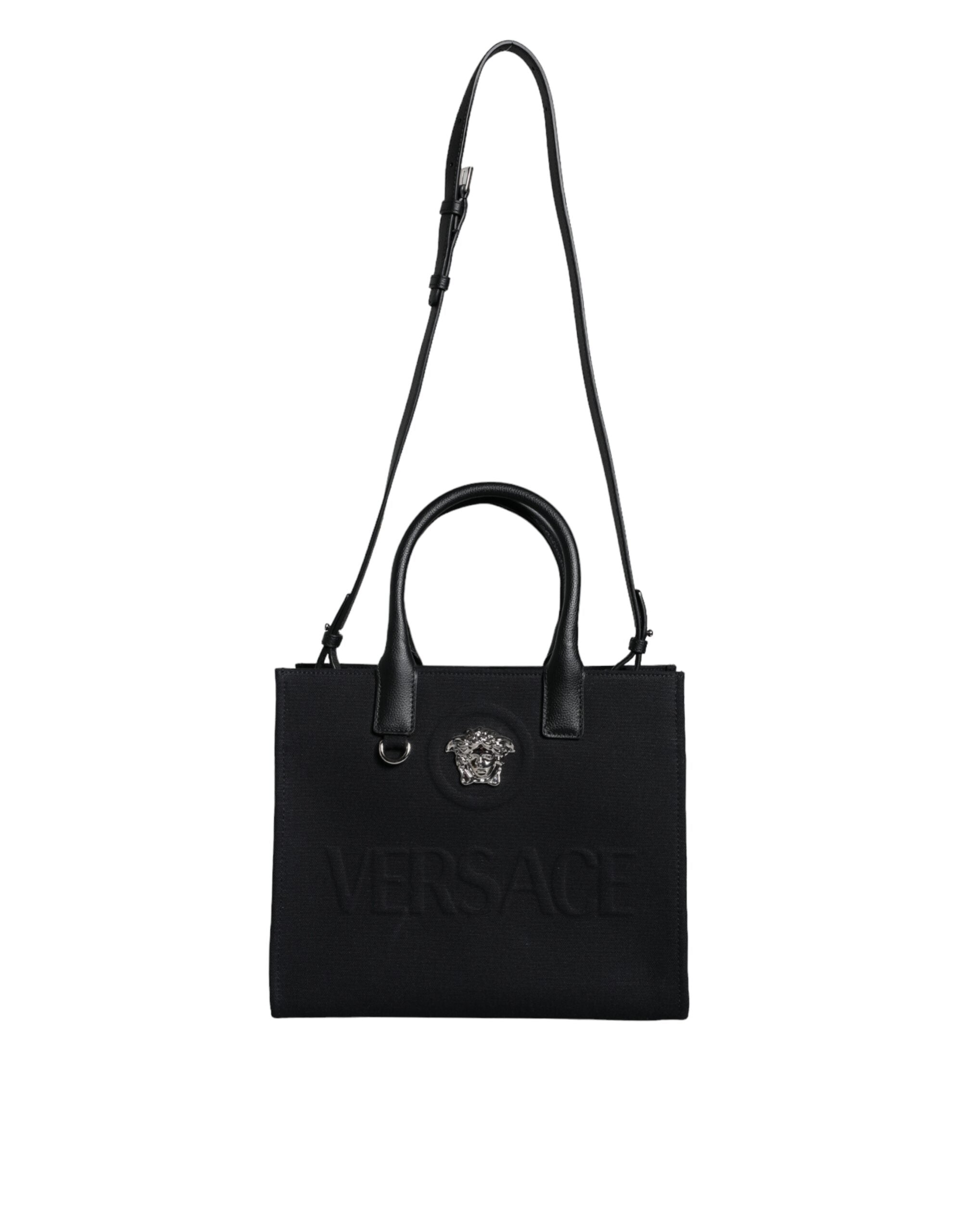 Sac cabas bandoulière Versace en toile et cuir noir avec poignée supérieure et logo