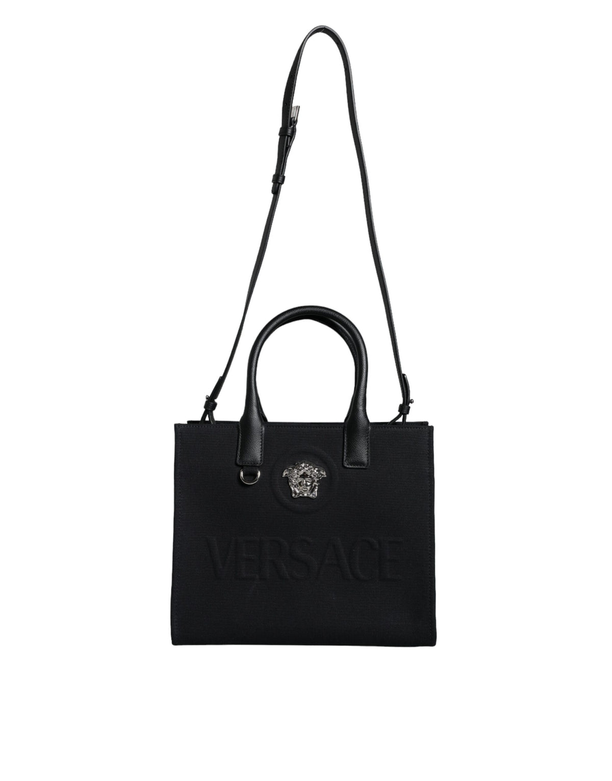Sac cabas bandoulière Versace en toile et cuir noir avec poignée supérieure et logo