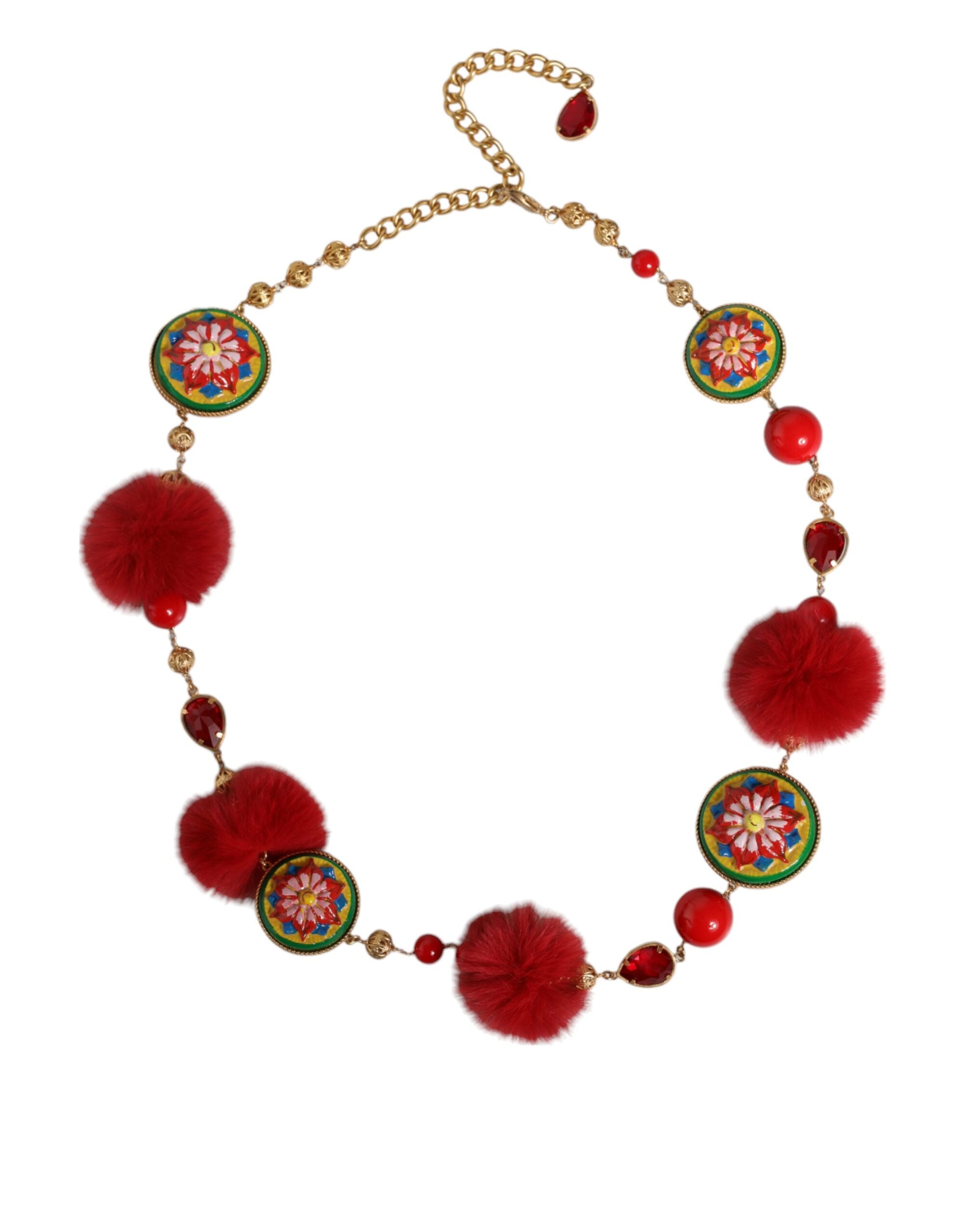 Ceinture Torero Dolce &amp; Gabbana en laiton doré, fourrure rouge et cristaux