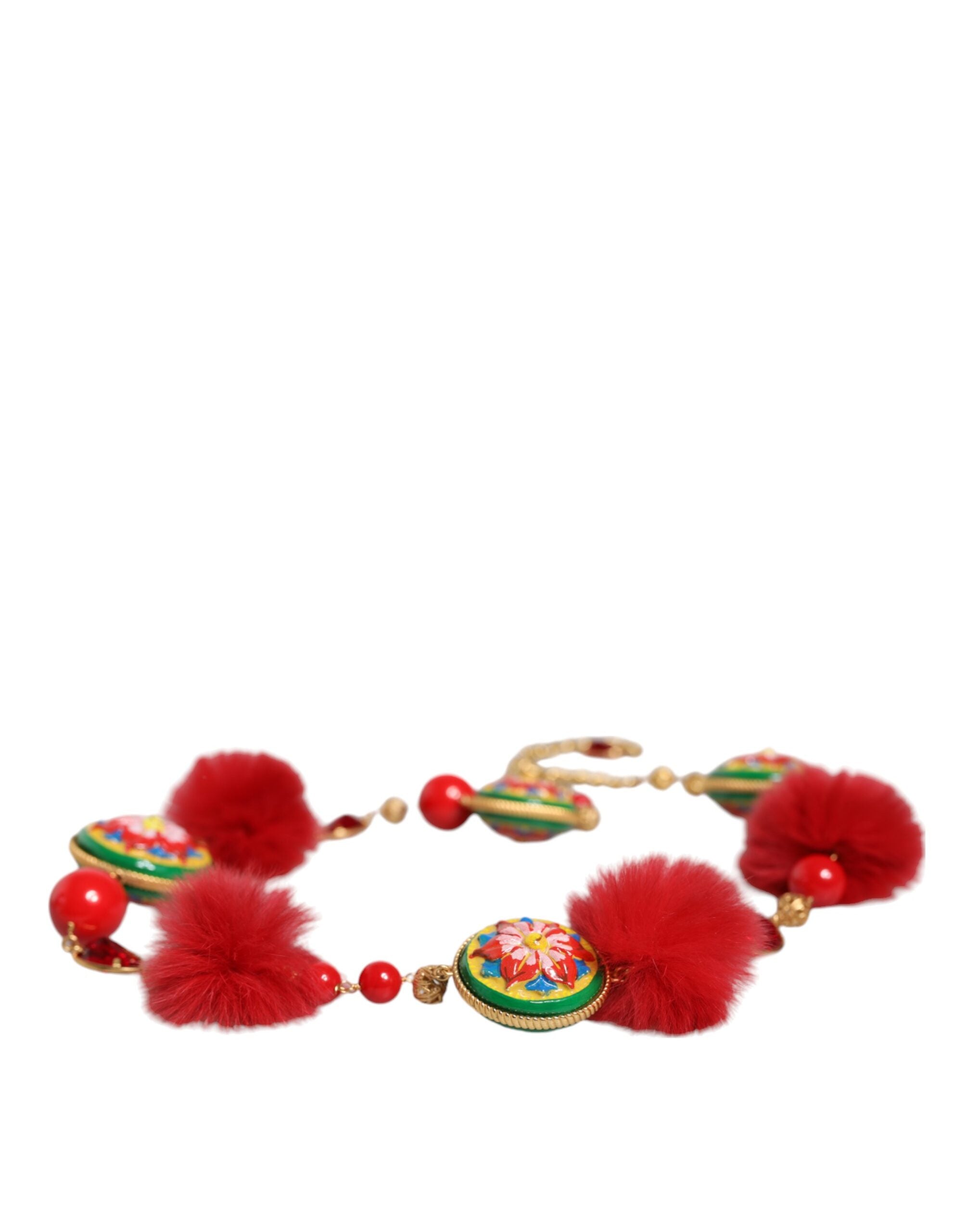 Ceinture Torero Dolce &amp; Gabbana en laiton doré, fourrure rouge et cristaux