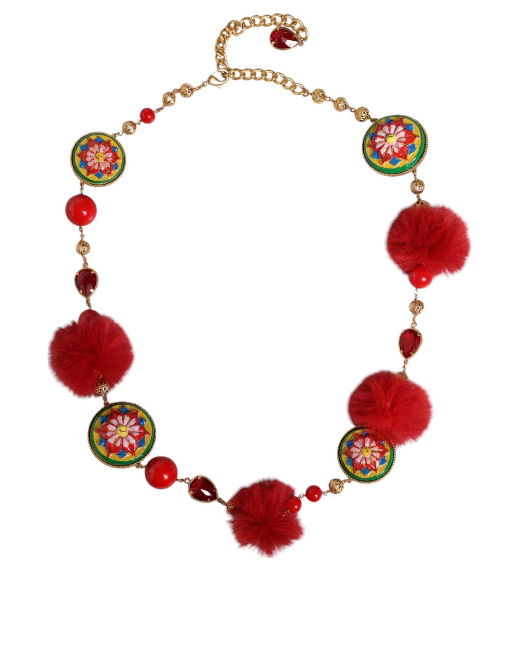 Ceinture Torero Dolce &amp; Gabbana en laiton doré, fourrure rouge et cristaux