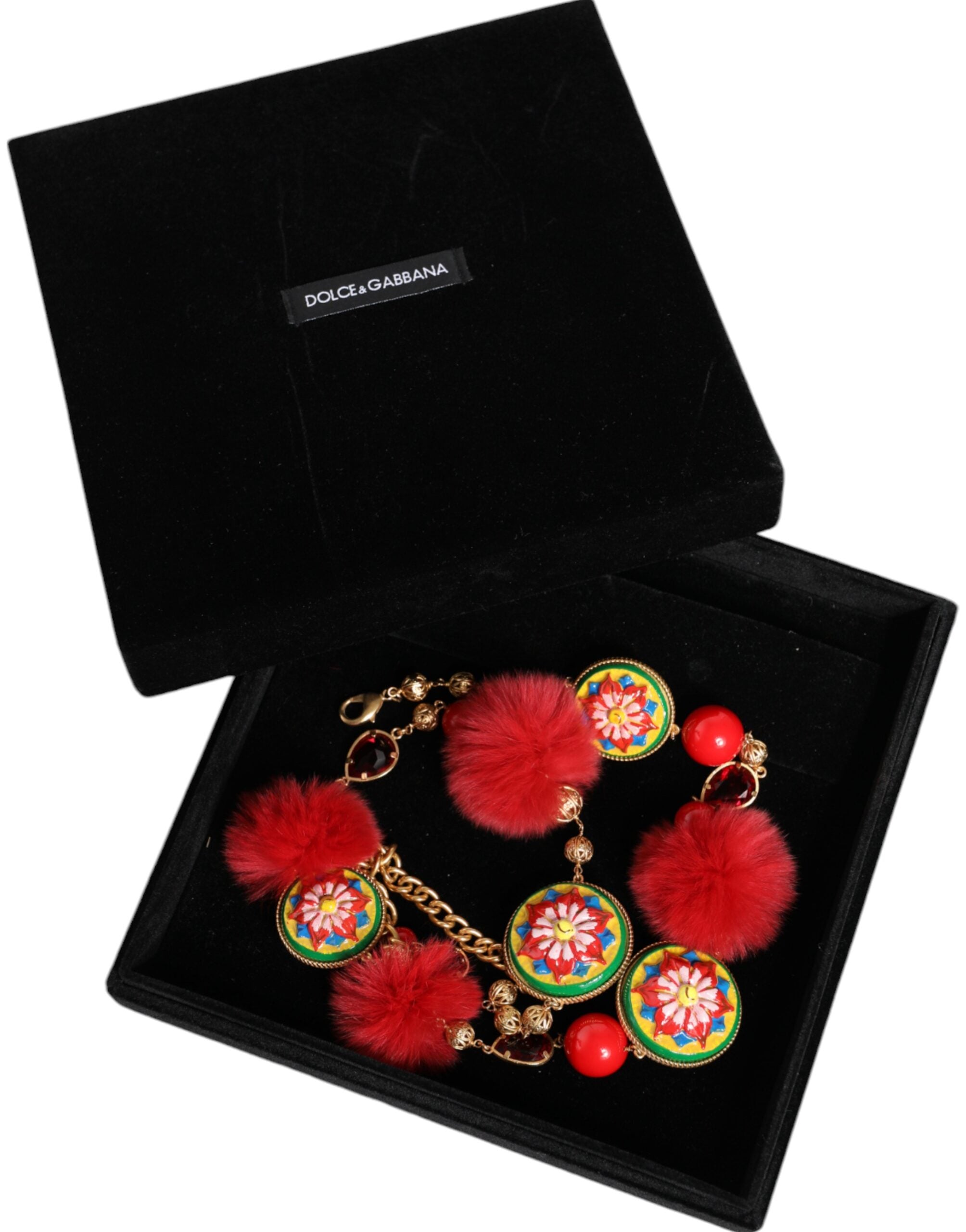 Ceinture Torero Dolce &amp; Gabbana en laiton doré, fourrure rouge et cristaux