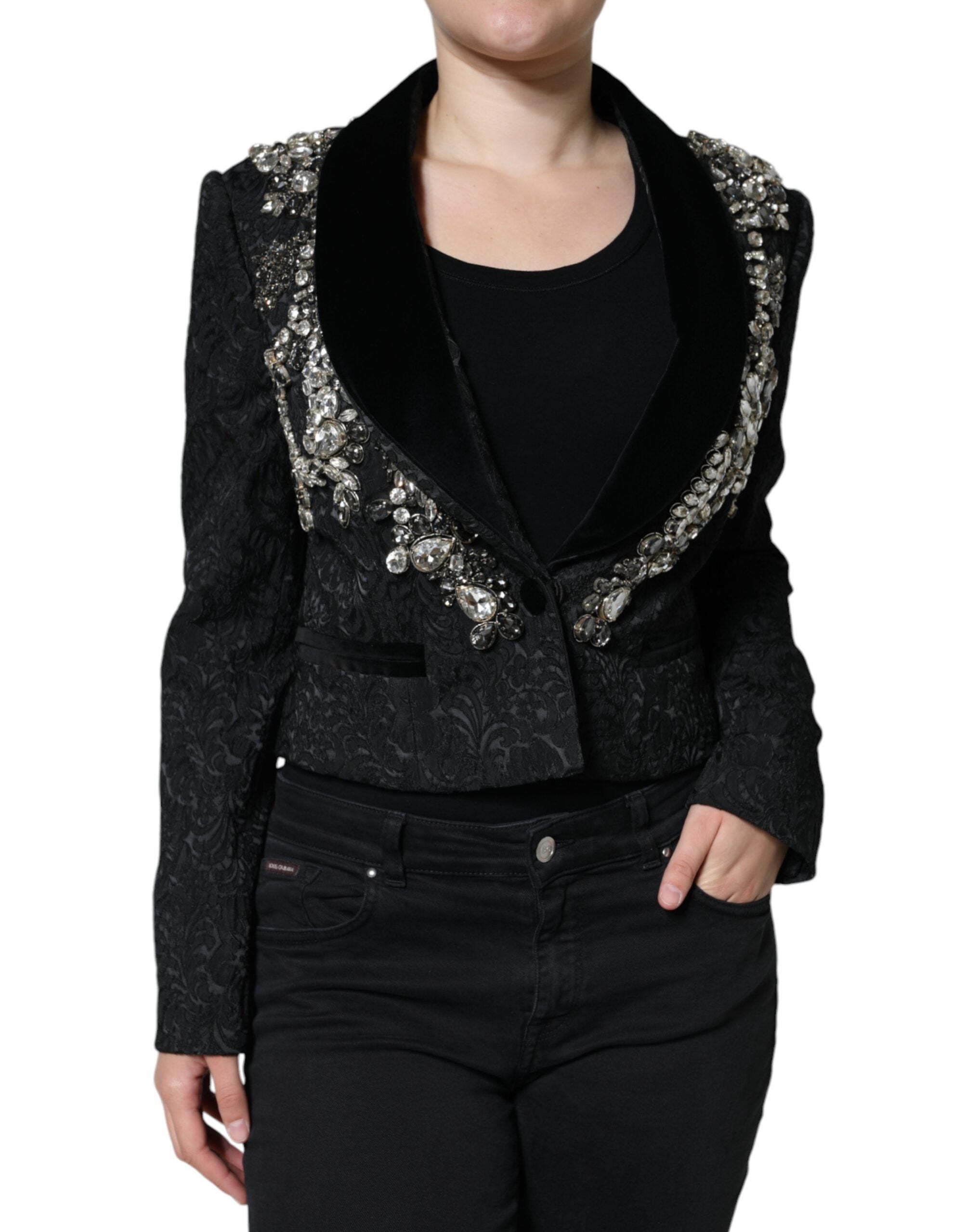 Veste blazer Dolce &amp; Gabbana noire en jacquard à motif floral et cristaux