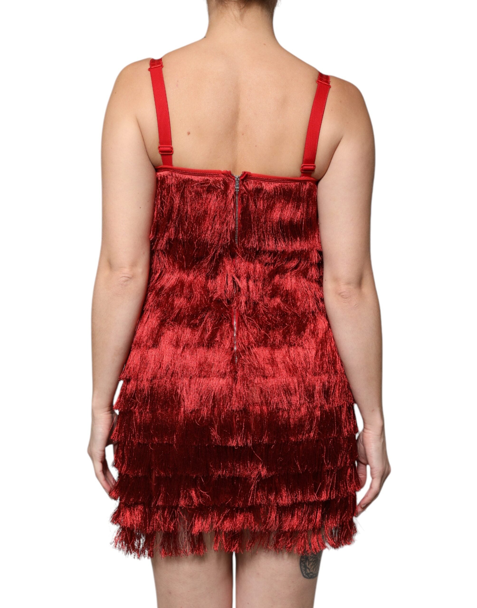 Robe fourreau mini sans manches à franges en dentelle rouge Dolce &amp; Gabbana