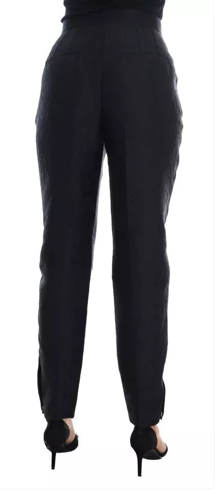 Dolce &amp; Gabbana Schwarze Hose mit hohem Bund und floralem Brokatmuster