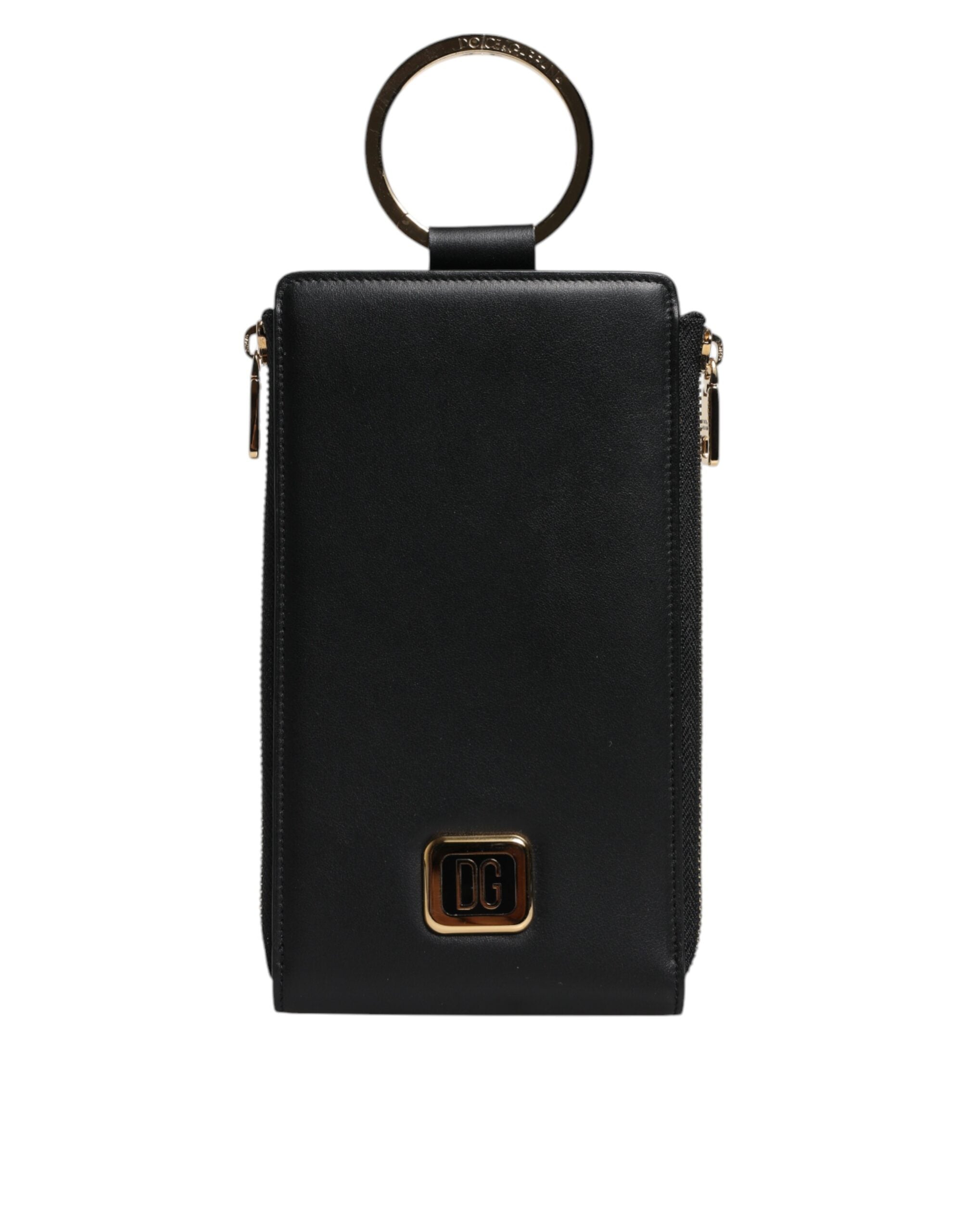 Dolce &amp; Gabbana Schwarzes Leder-Logo-Etui mit Nackenriemen, Karten- und Münztasche