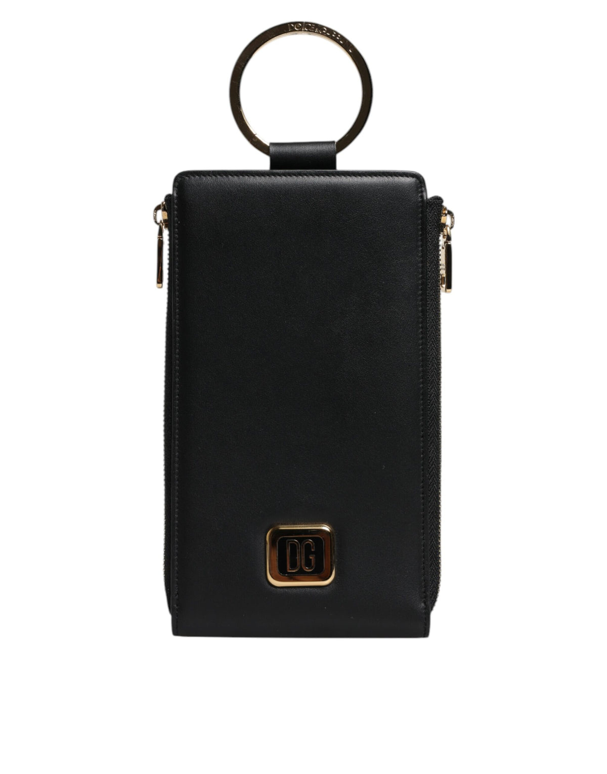 Dolce &amp; Gabbana Schwarzes Leder-Logo-Etui mit Nackenriemen, Karten- und Münztasche