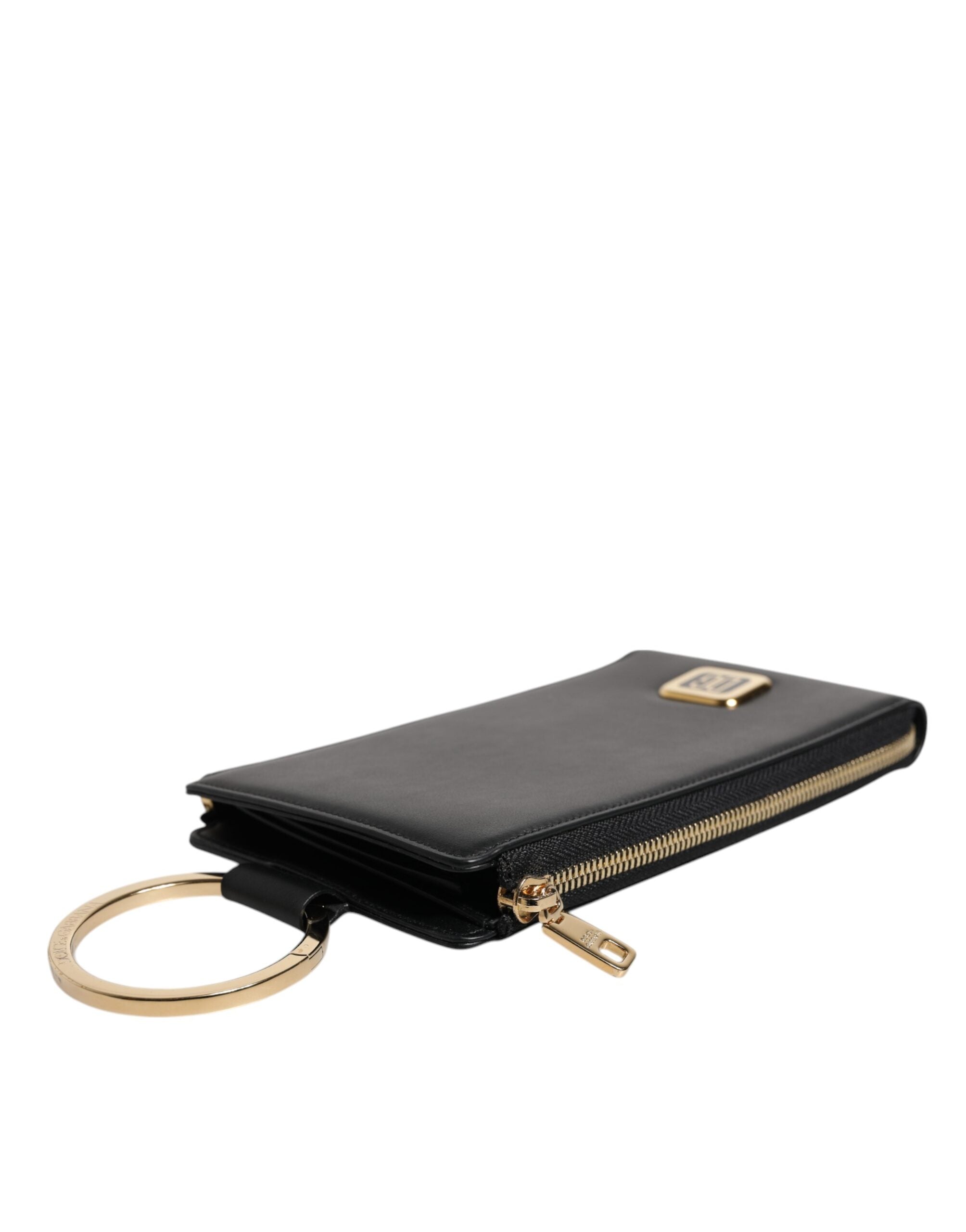 Dolce &amp; Gabbana Schwarzes Leder-Logo-Etui mit Nackenriemen, Karten- und Münztasche