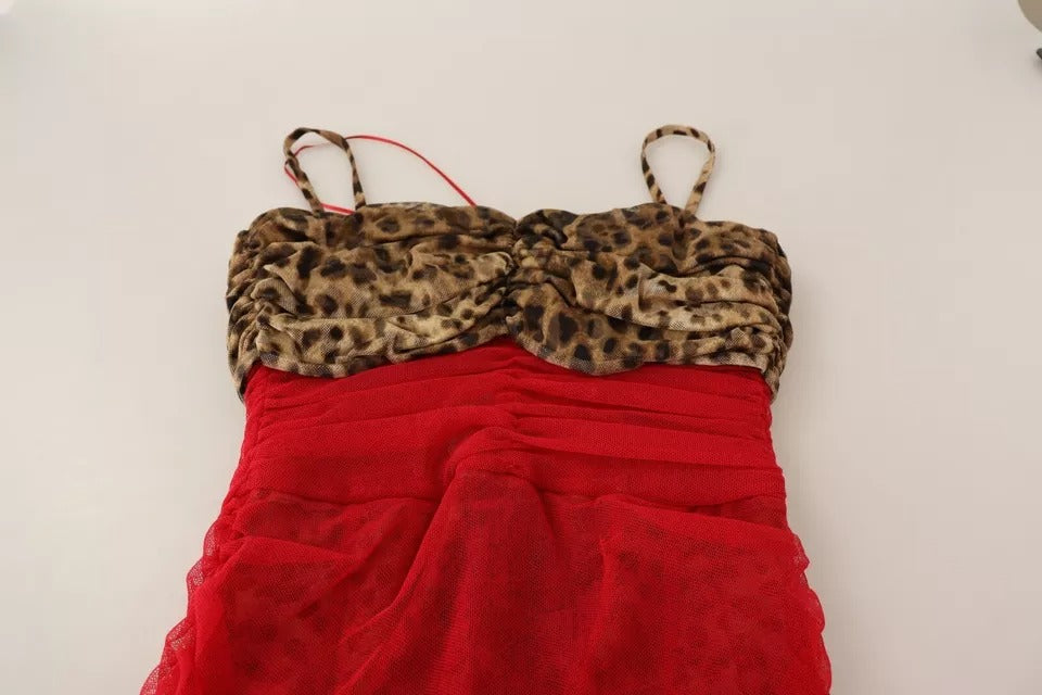 Robe fourreau midi Dolce &amp; Gabbana en tulle rouge et marron à imprimé léopard