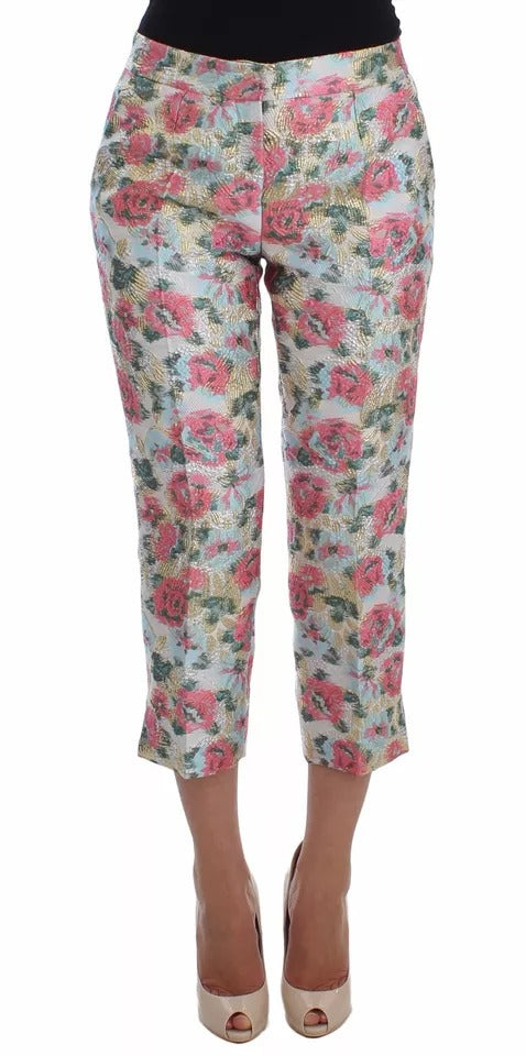 Dolce &amp; Gabbana Hose aus weiß-rosa geblümtem Brokat