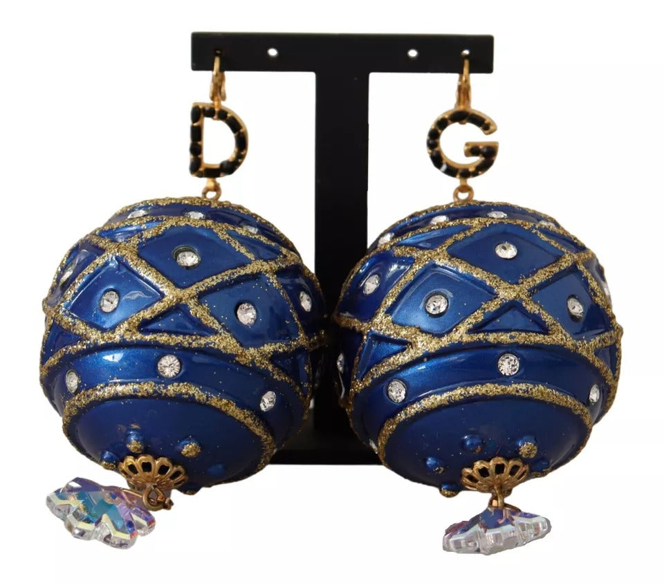 Boucles d'oreilles Dolce &amp; Gabbana en laiton doré, boule de Noël bleue et cristal, crochet de bijouterie.