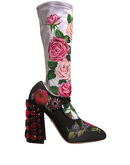 Chaussettes noires à fleurs Dolce &amp; Gabbana Bottes à cristaux Chaussures en jersey