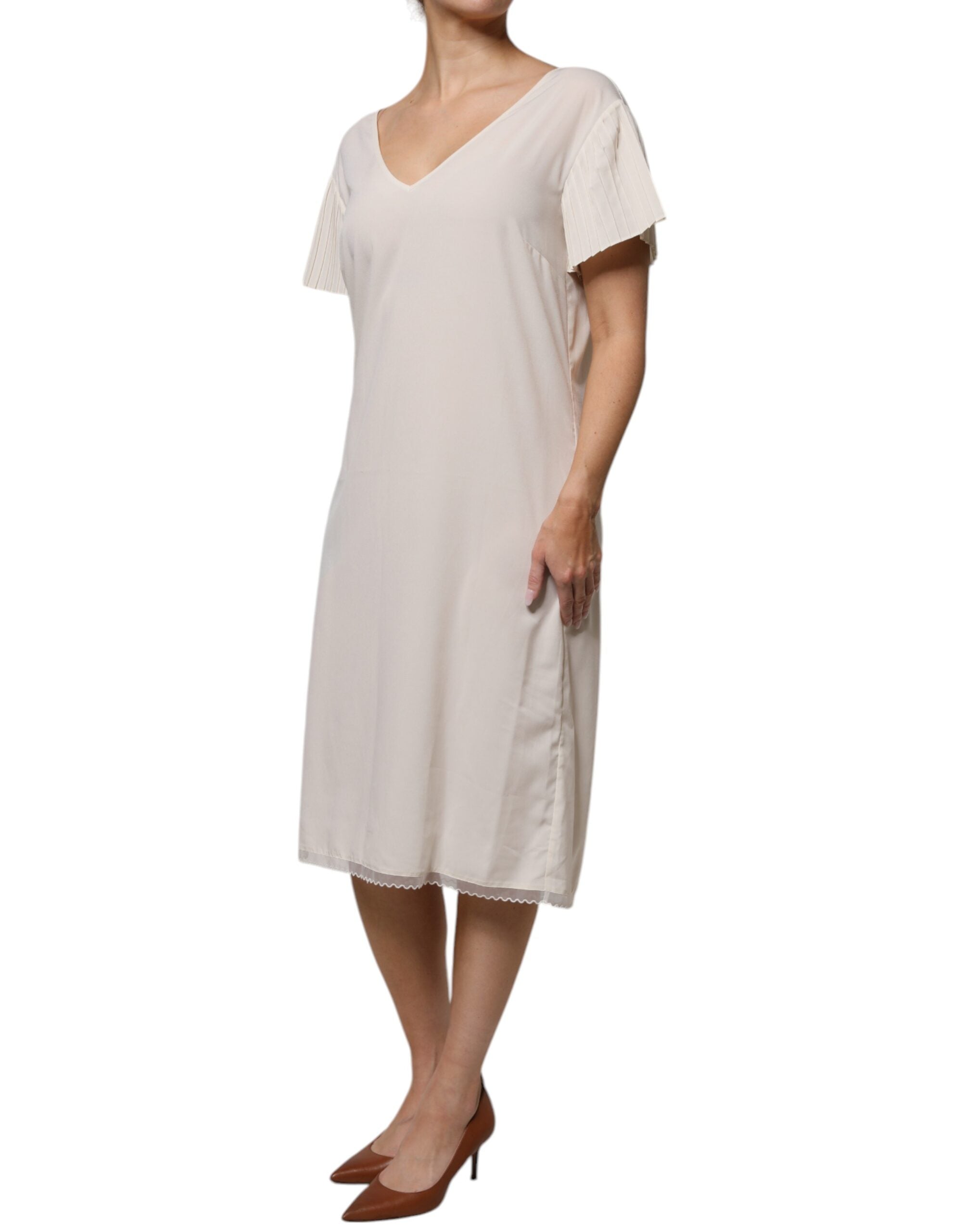 Peserico Off White Kurzarm-Midikleid mit V-Ausschnitt