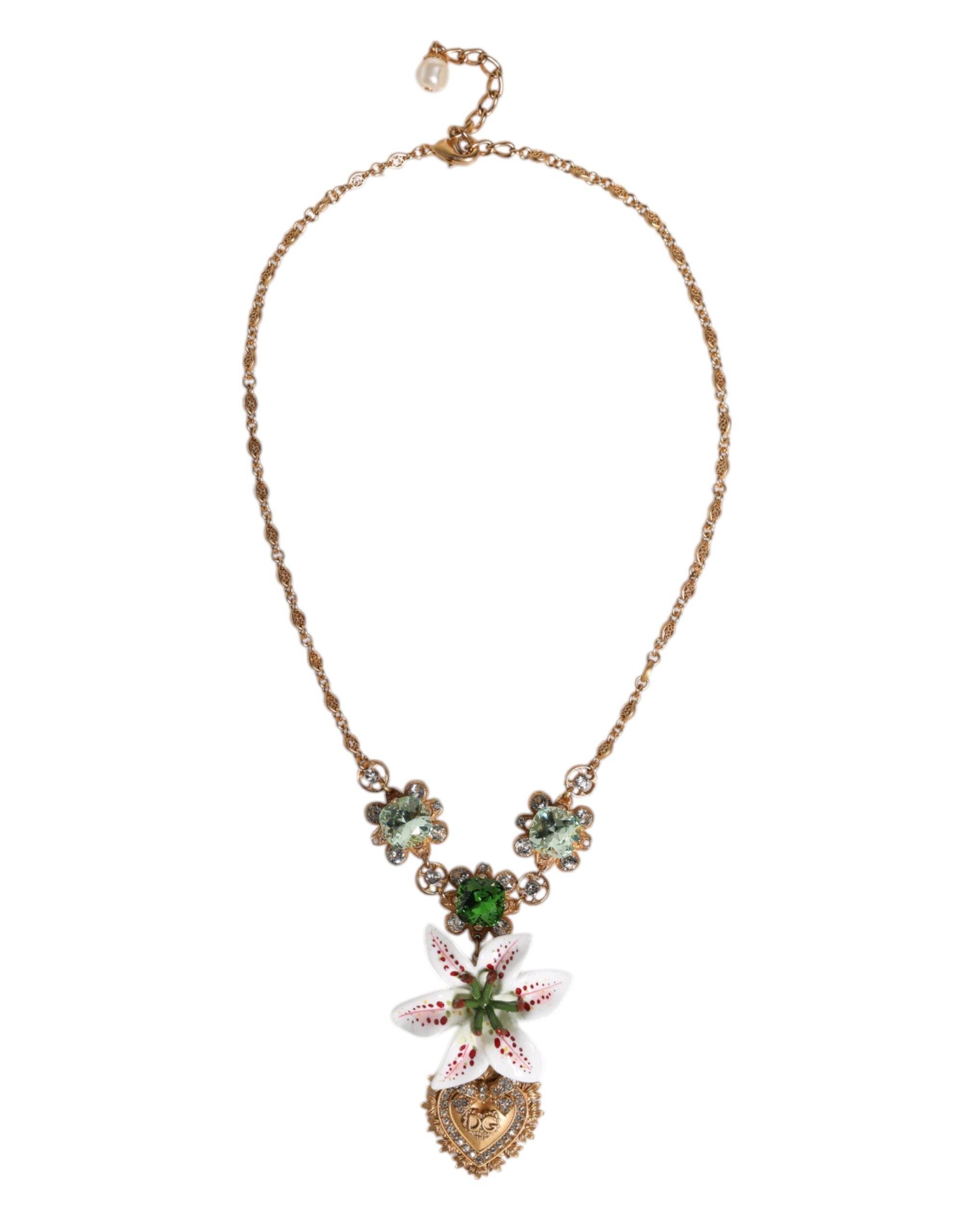 Collier pendentif Dolce &amp; Gabbana en laiton doré et cristal, orné d'un lys et d'un cœur sacré