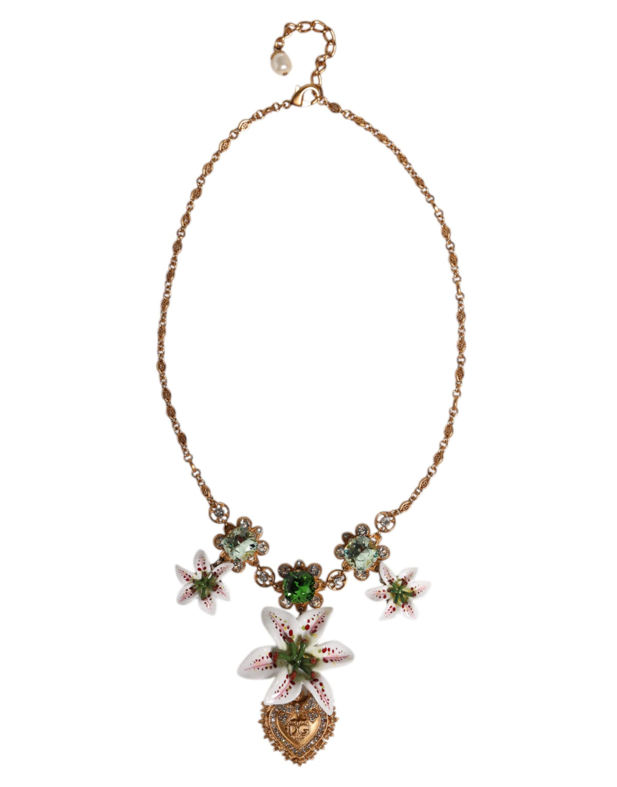 Collier pendentif Dolce &amp; Gabbana en laiton doré et cristal, orné d'un lys et d'un cœur sacré
