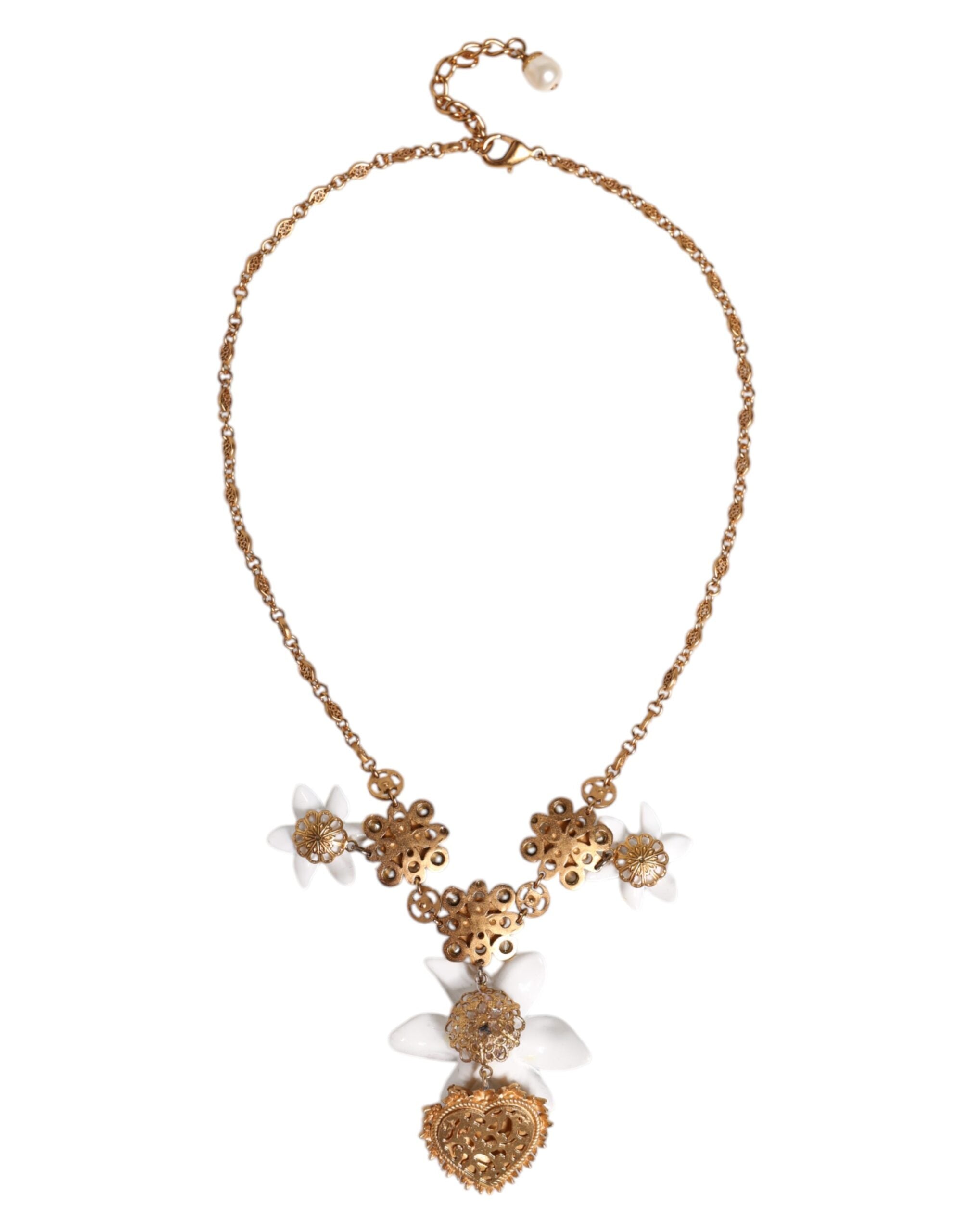 Collier pendentif Dolce &amp; Gabbana en laiton doré et cristal, orné d'un lys et d'un cœur sacré