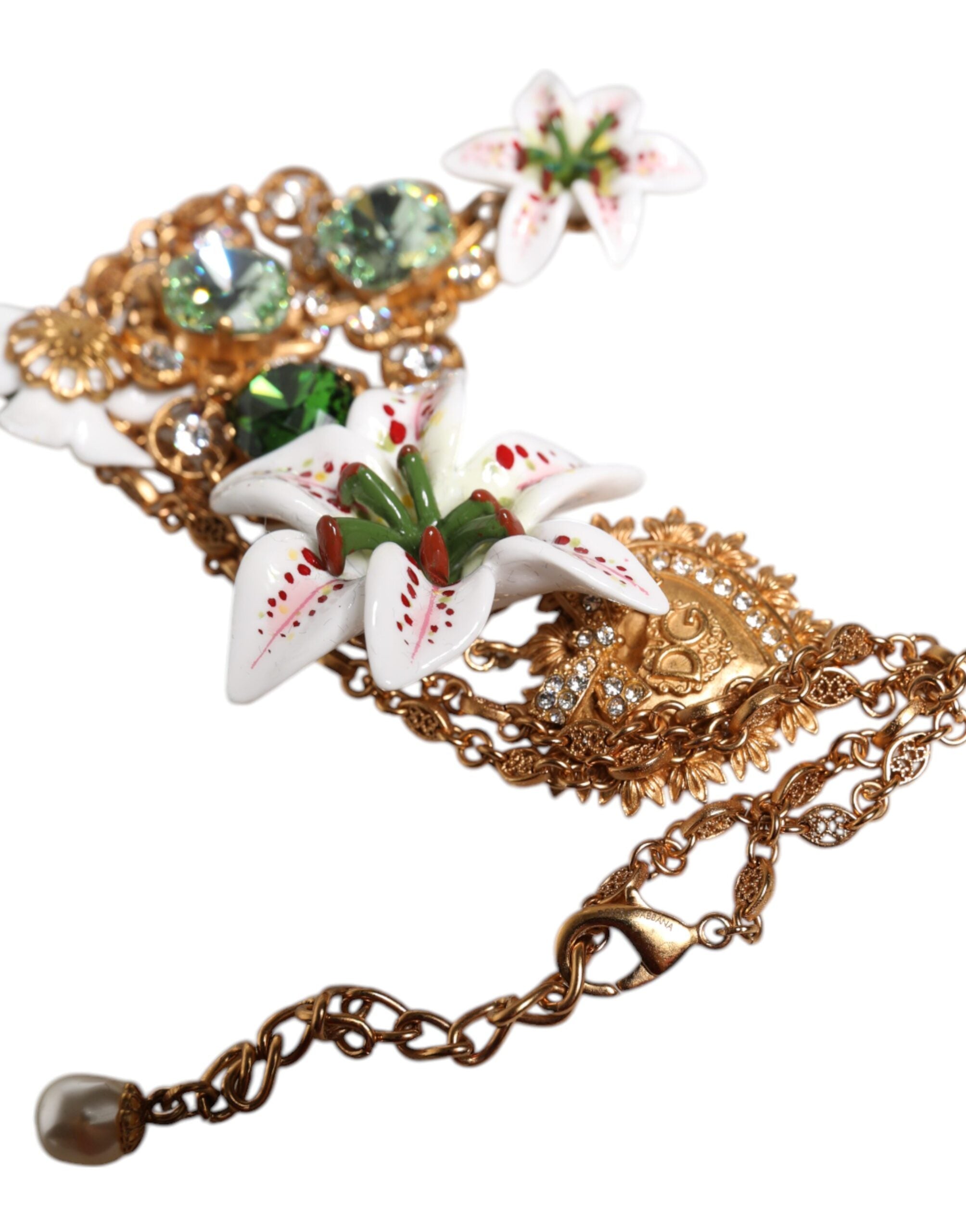 Collier pendentif Dolce &amp; Gabbana en laiton doré et cristal, orné d'un lys et d'un cœur sacré