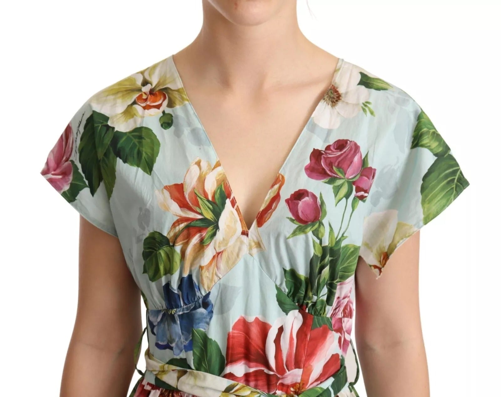 Robe Dolce &amp; Gabbana verte à fleurs, manches courtes, col en V, en coton
