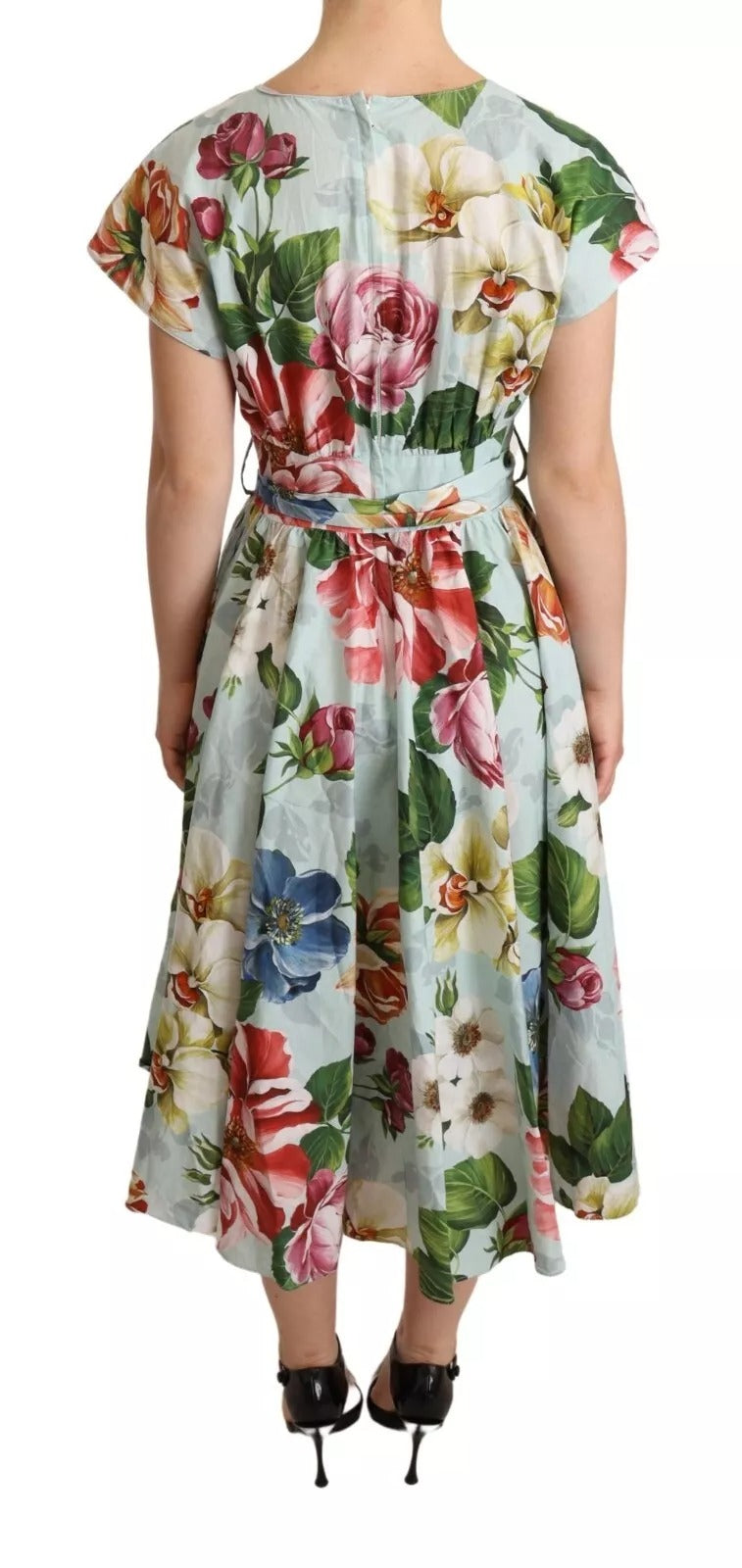 Robe Dolce &amp; Gabbana verte à fleurs, manches courtes, col en V, en coton