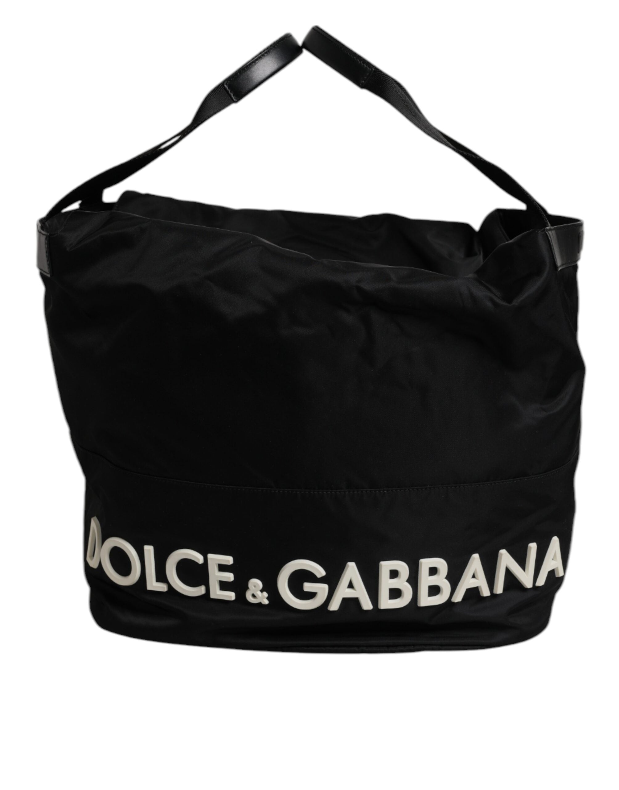 Dolce &amp; Gabbana Schwarze Nylon-Schultertasche mit weißem Logo und ikonischem Logo