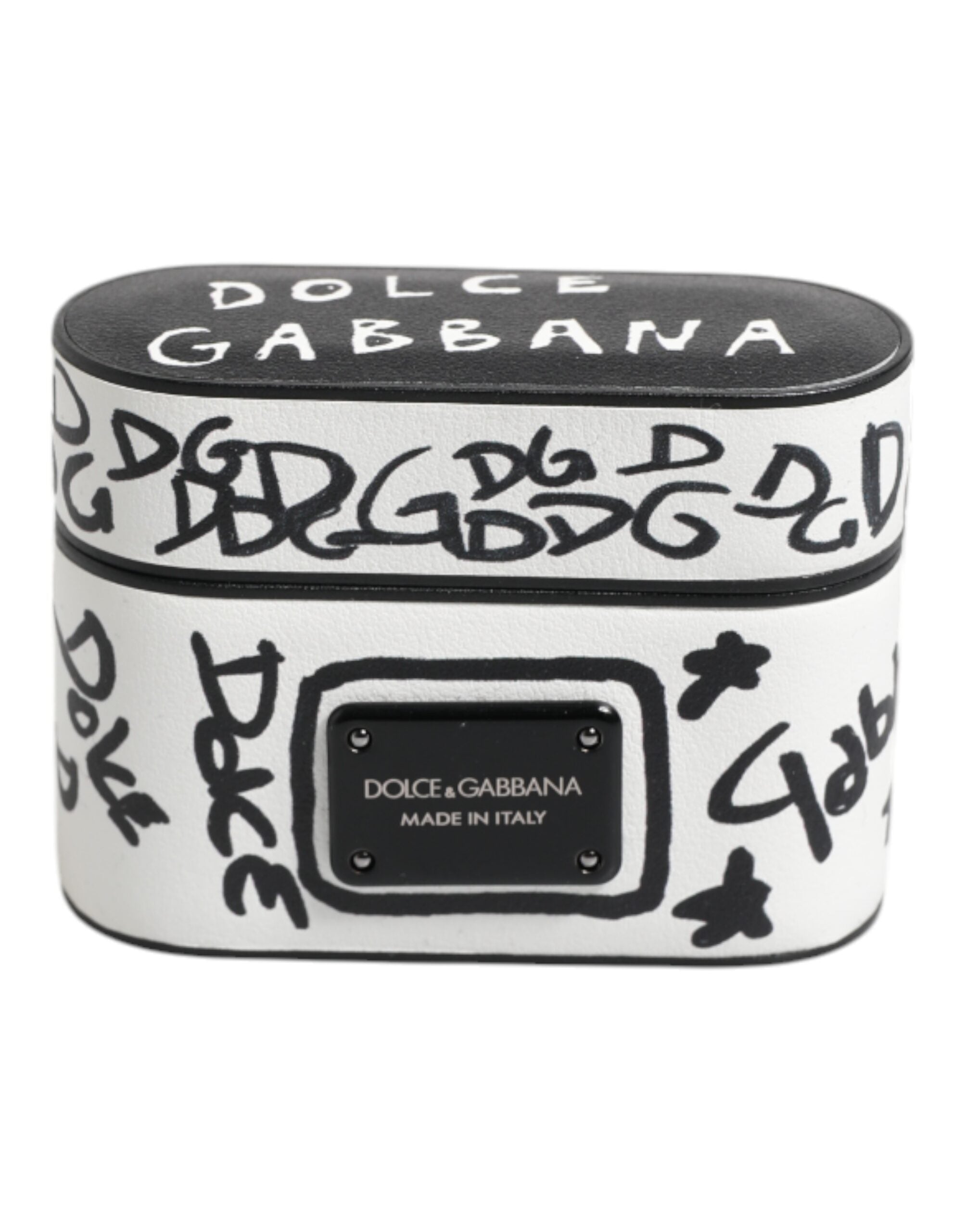 Étui pour AirPods Dolce &amp; Gabbana en cuir noir et blanc avec logo en relief.