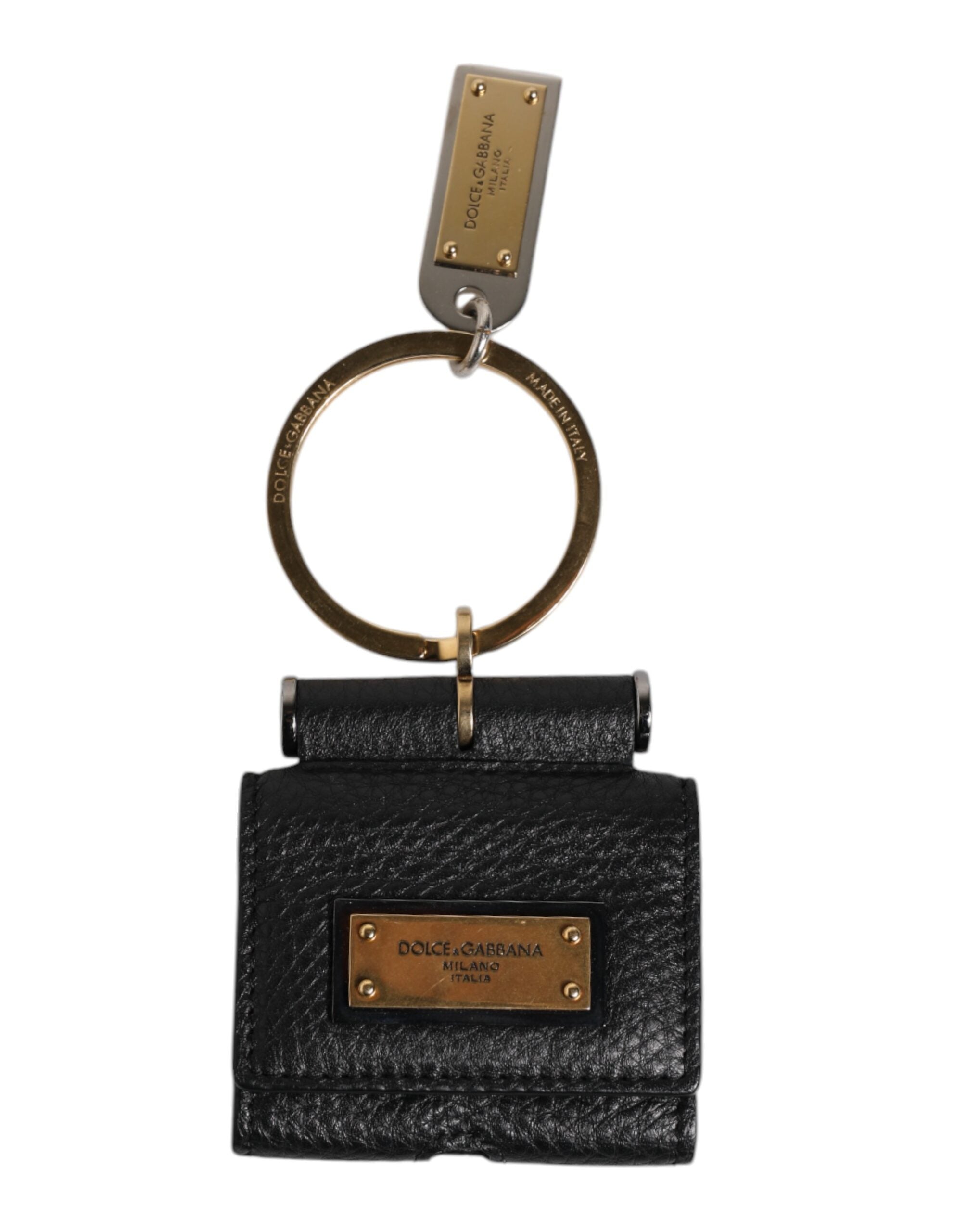 Étui AirPods Dolce &amp; Gabbana avec bracelet en cuir noir et plaque logo en métal doré